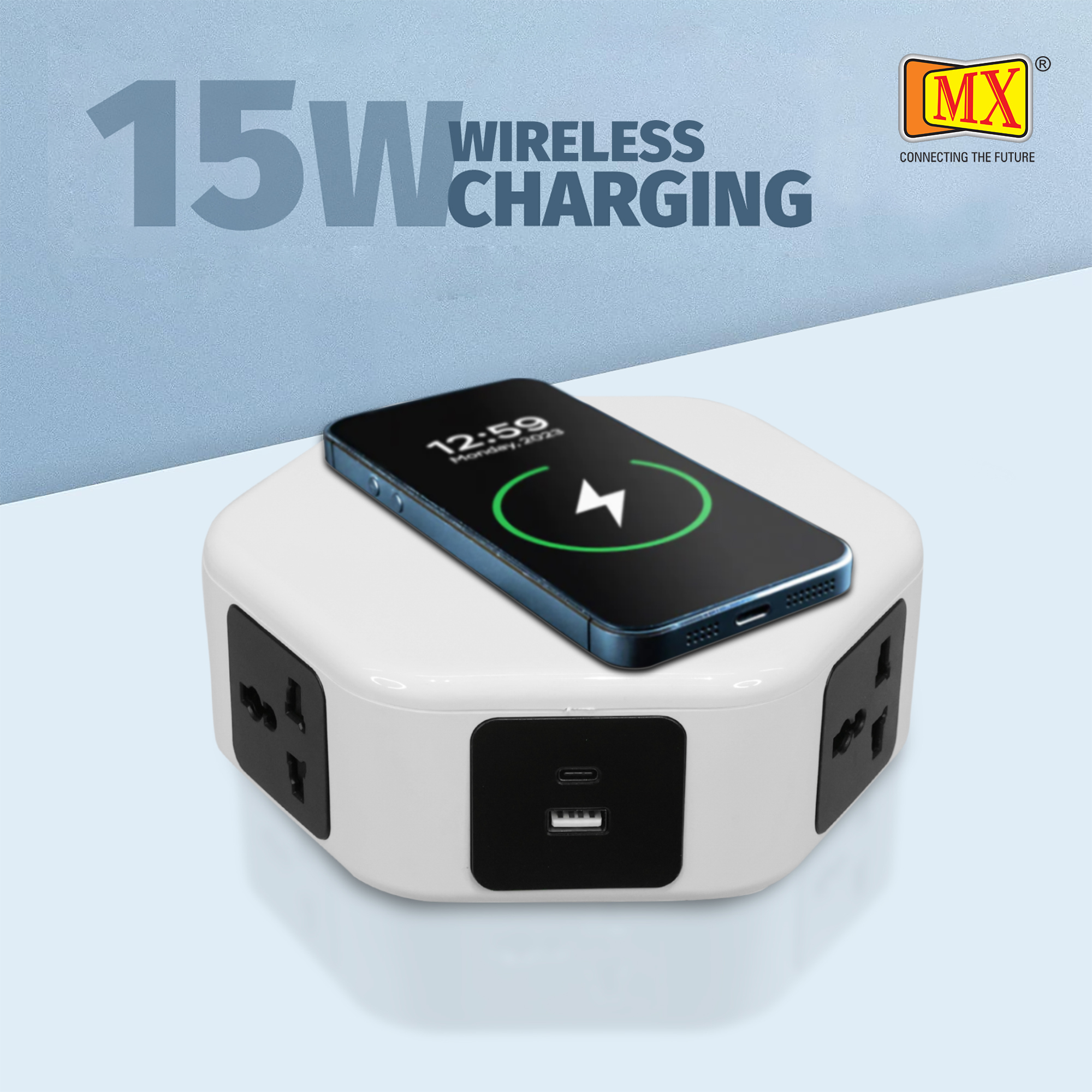 Hexad Power Console With 4 Uni Sockets 15 W Wireless Charger With 2 Rj-45 And 1 Usb A With Type C 30 W Mx-7013c