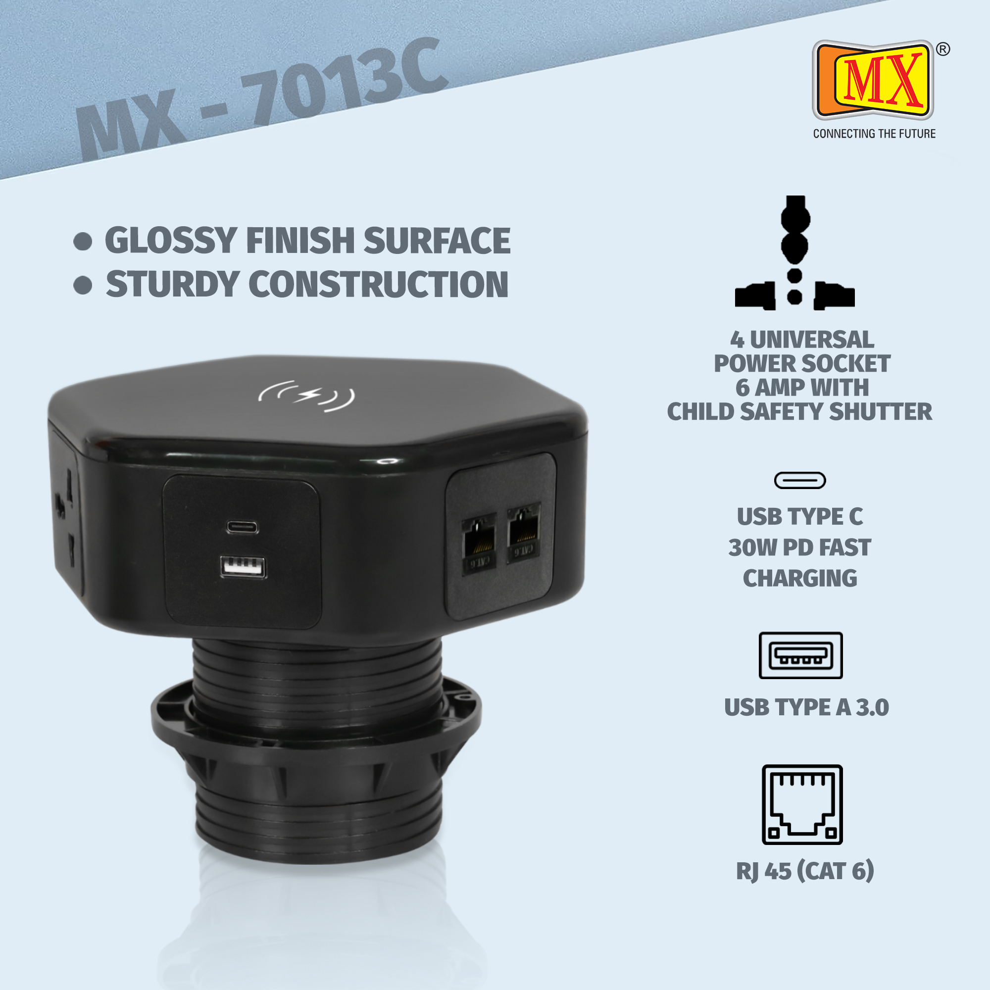 Hexad Power Console With 4 Uni Sockets 15 W Wireless Charger With 2 Rj-45 And 1 Usb A With Type C 30 W Mx-7013c