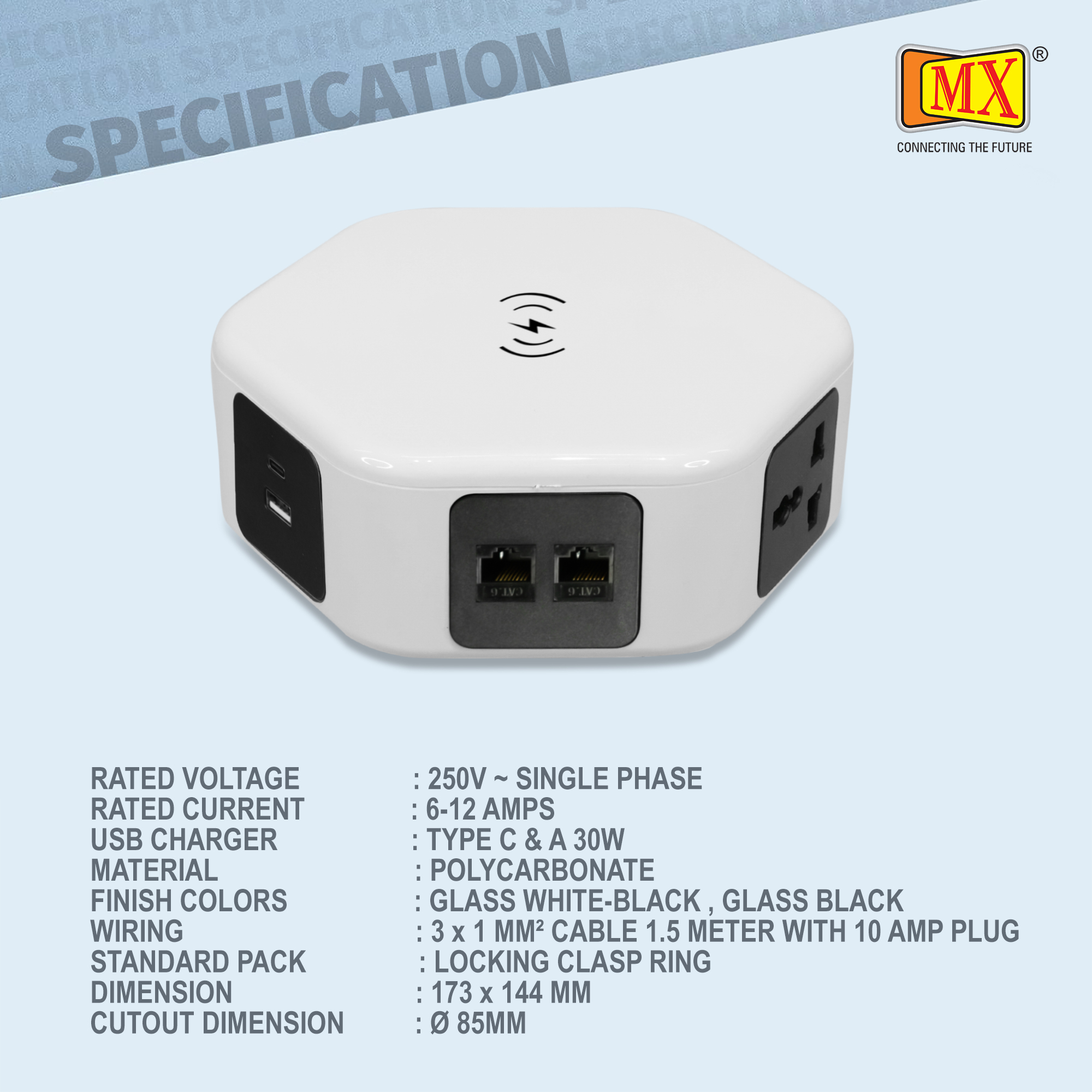 Hexad Power Console With 4 Uni Sockets 15 W Wireless Charger With 2 Rj-45 And 1 Usb A With Type C 30 W Mx-7013c