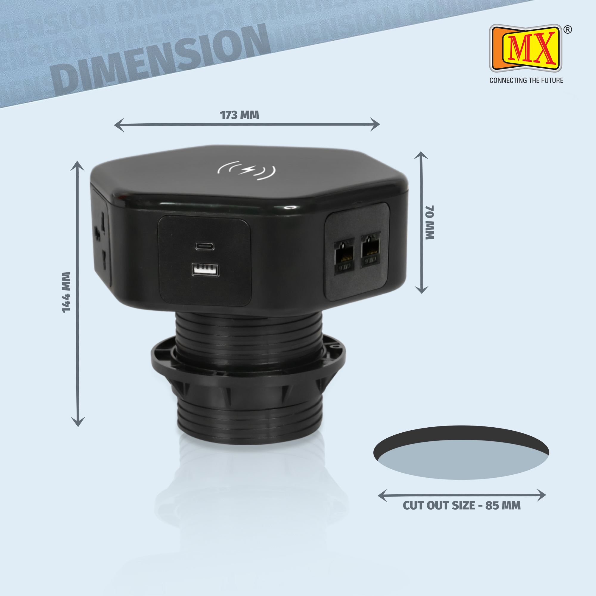 Hexad Power Console With 4 Uni Sockets 15 W Wireless Charger With 2 Rj-45 And 1 Usb A With Type C 30 W Mx-7013c