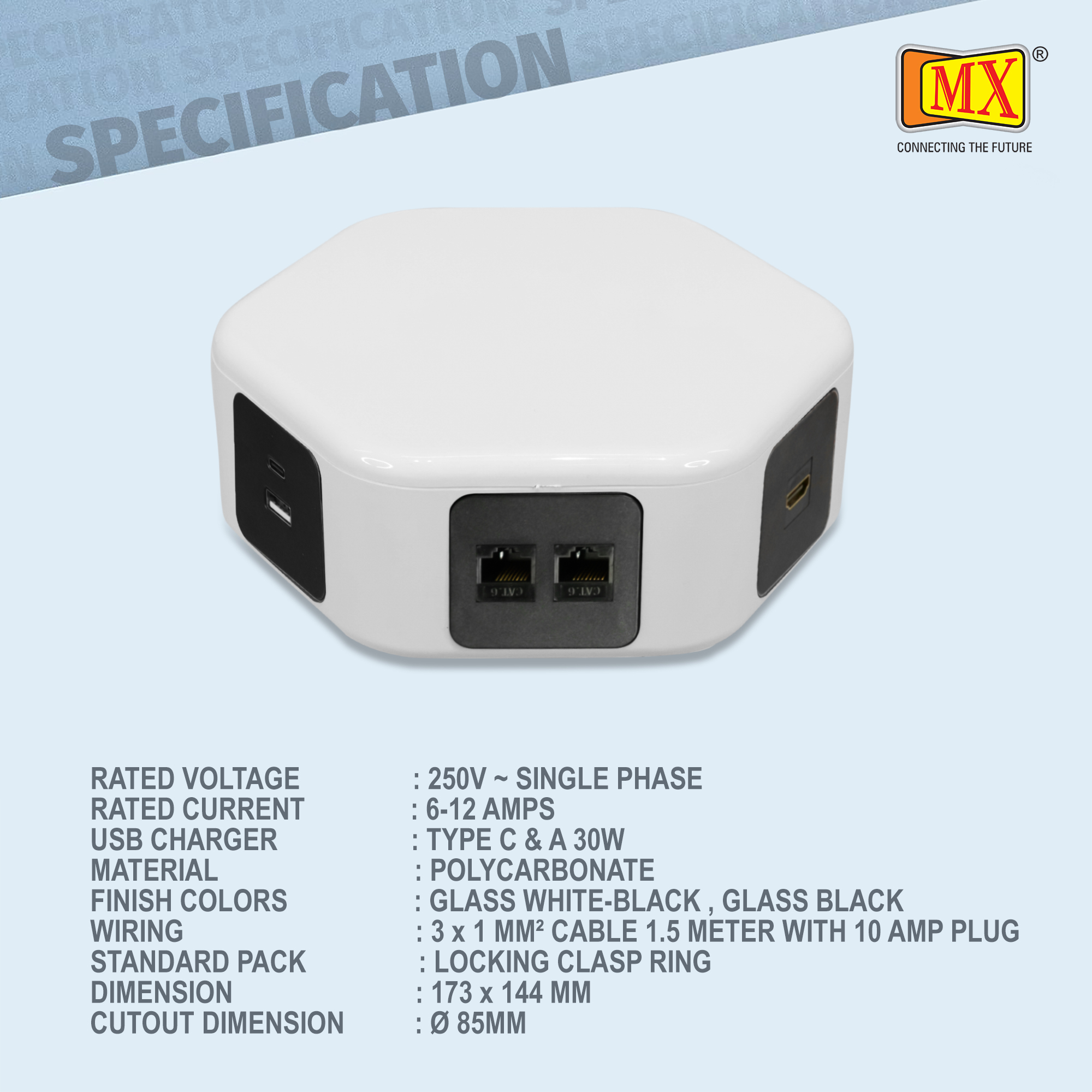 Hexad Power Console With 3 Uni Sockets 1 Hdmi 4k And 2 Rj-45 And 1 Usb A 3.0 With Type C 30 W Port Mx-7013d