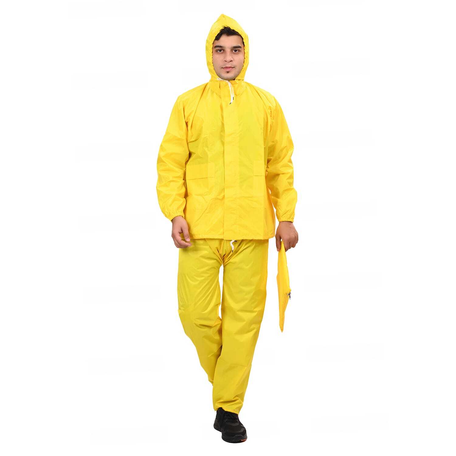 Rays Rain Suit - Semi-nylon, Sizes L-xxl, Colors: Navy Blue, Royal Blue, Black, Yellow, Red, Orange, Brown, Mehroon, Grey, Fluorescent Green | Features: Zipper Closure, Breathable, Lightweight, Waterproof, Comfortable, Customizable With Logo Printing, Attached Hood, 2 Pockets