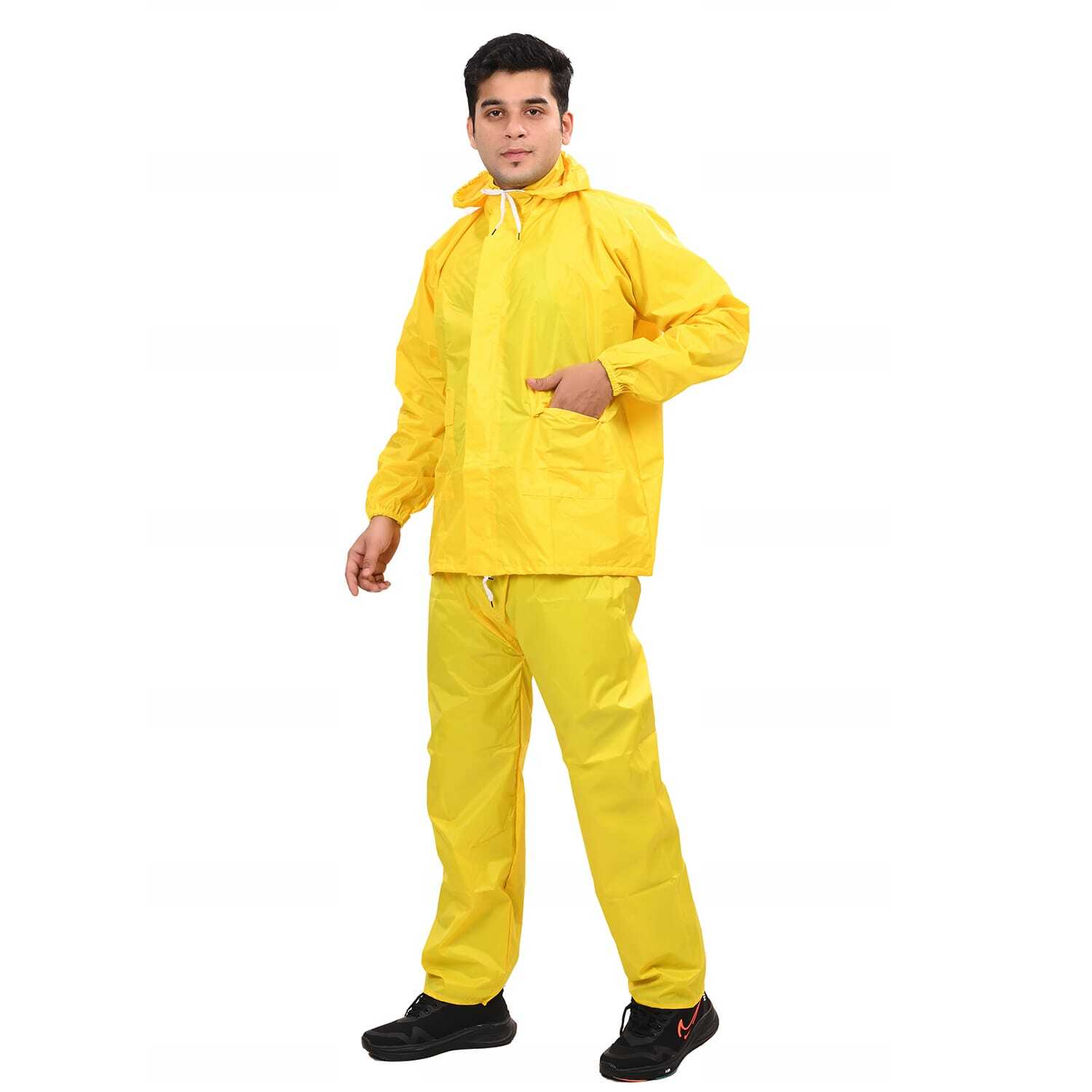 Rays Rain Suit - Semi-nylon, Sizes L-xxl, Colors: Navy Blue, Royal Blue, Black, Yellow, Red, Orange, Brown, Mehroon, Grey, Fluorescent Green | Features: Zipper Closure, Breathable, Lightweight, Waterproof, Comfortable, Customizable With Logo Printing, Attached Hood, 2 Pockets