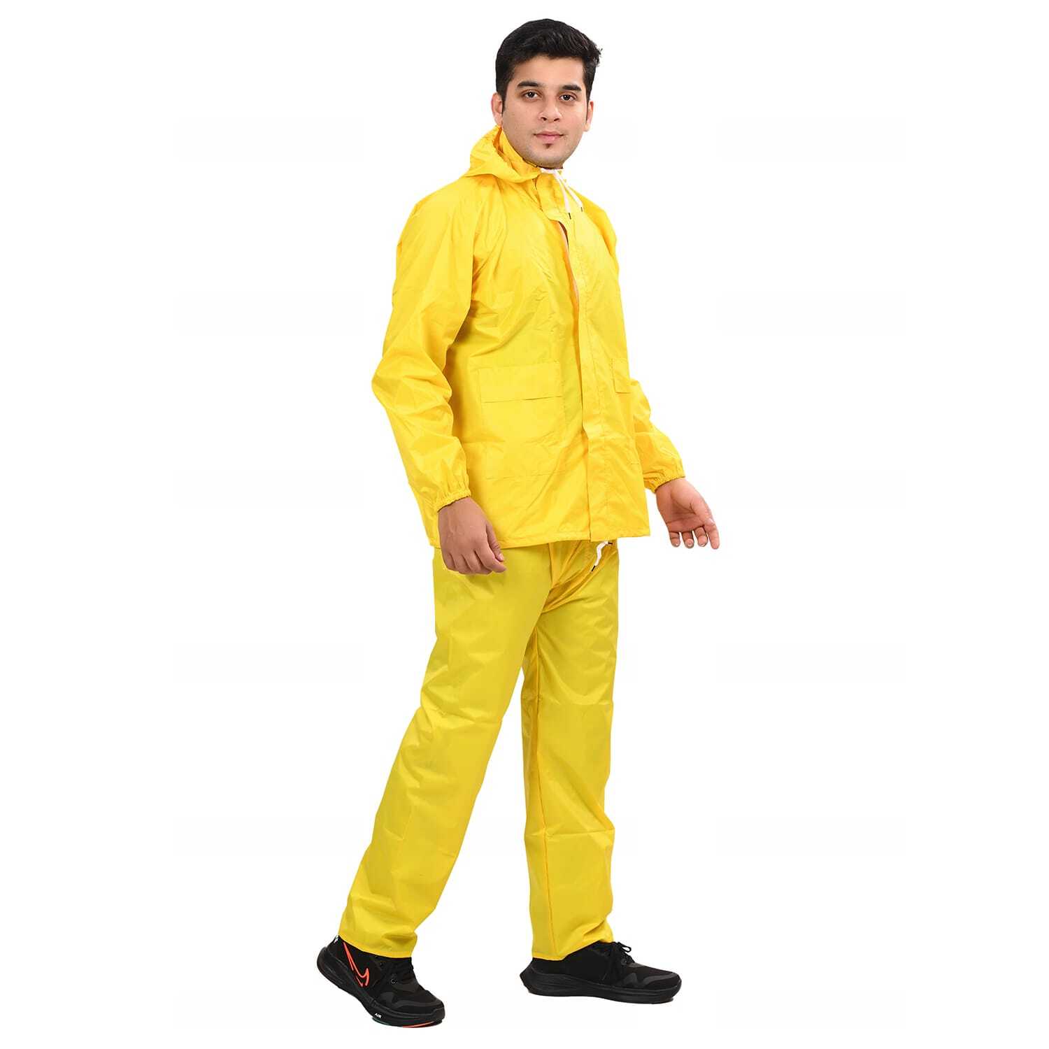 Rays Rain Suit - Semi-nylon, Sizes L-xxl, Colors: Navy Blue, Royal Blue, Black, Yellow, Red, Orange, Brown, Mehroon, Grey, Fluorescent Green | Features: Zipper Closure, Breathable, Lightweight, Waterproof, Comfortable, Customizable With Logo Printing, Attached Hood, 2 Pockets