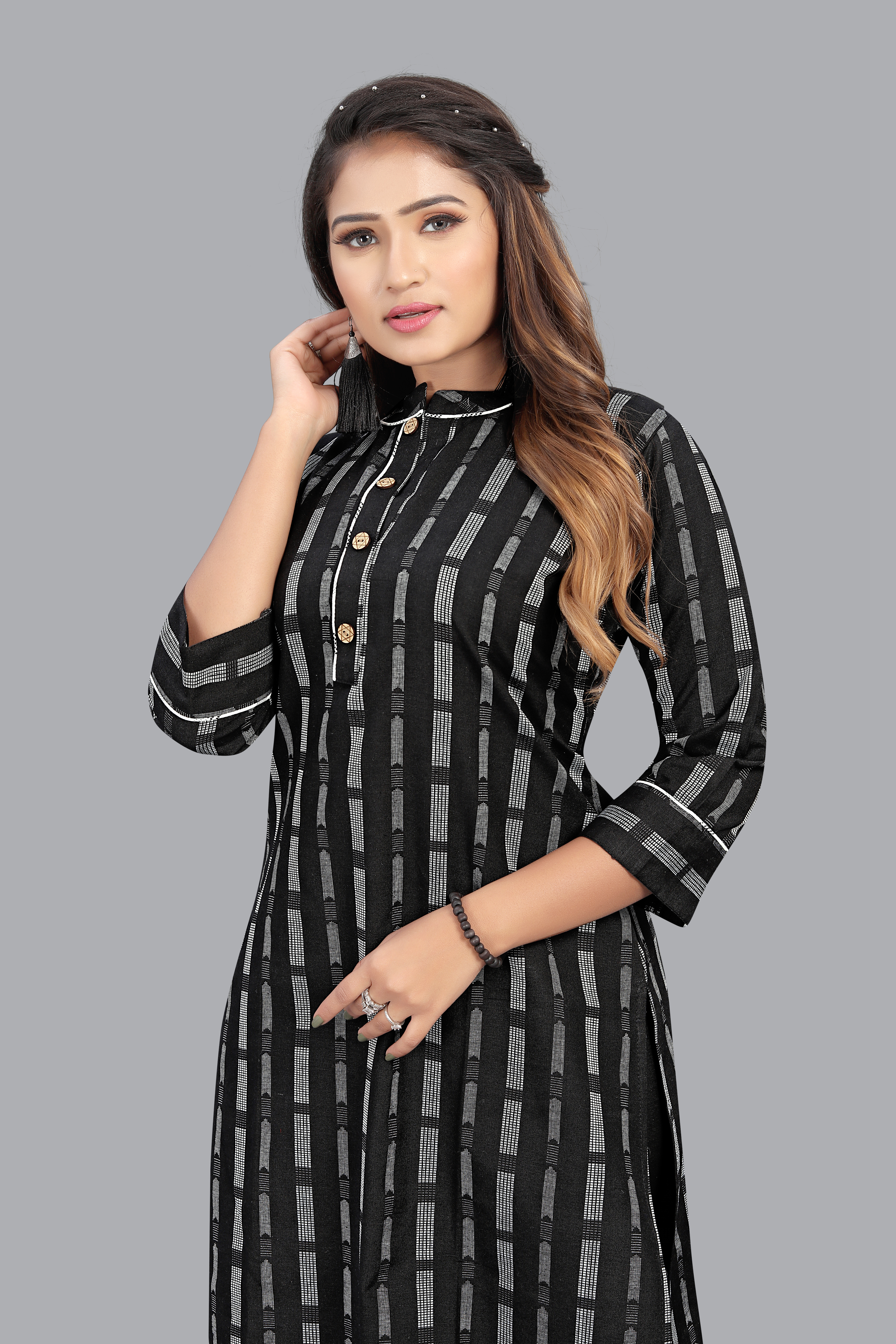Cotton Kurties - Cotton, 45 Inches Length, Black | Breathable Fabric, Stylish Design, Comfortable Fit, Versatile Style, Durable Material, Easy To Maintain, Regular Fit, Mandarin Neck, Three-quarter Sleeve, Size S-xl