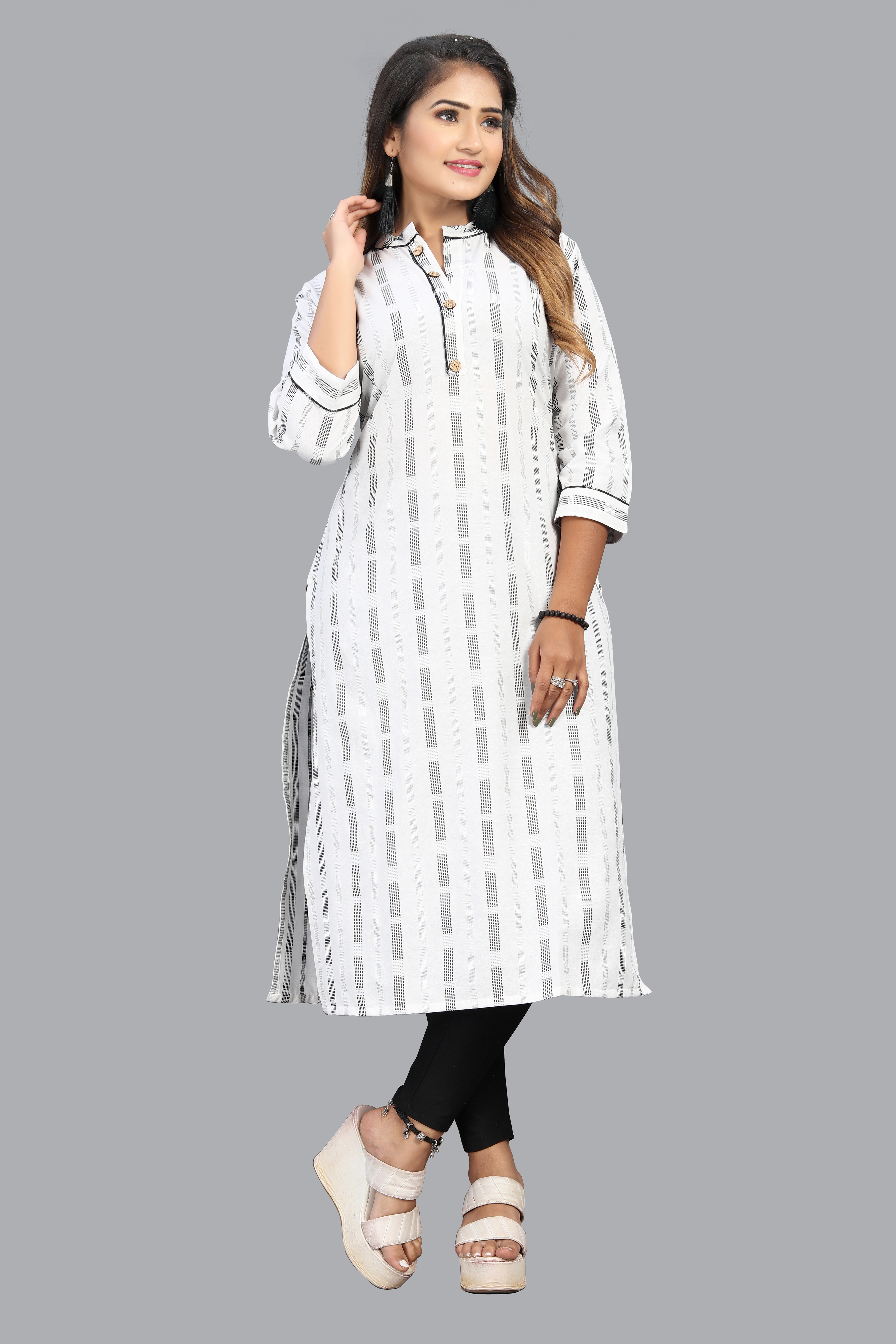 Cotton Kurties - Cotton, 45 Inches Length, Black | Breathable Fabric, Stylish Design, Comfortable Fit, Versatile Style, Durable Material, Easy To Maintain, Regular Fit, Mandarin Neck, Three-quarter Sleeve, Size S-xl