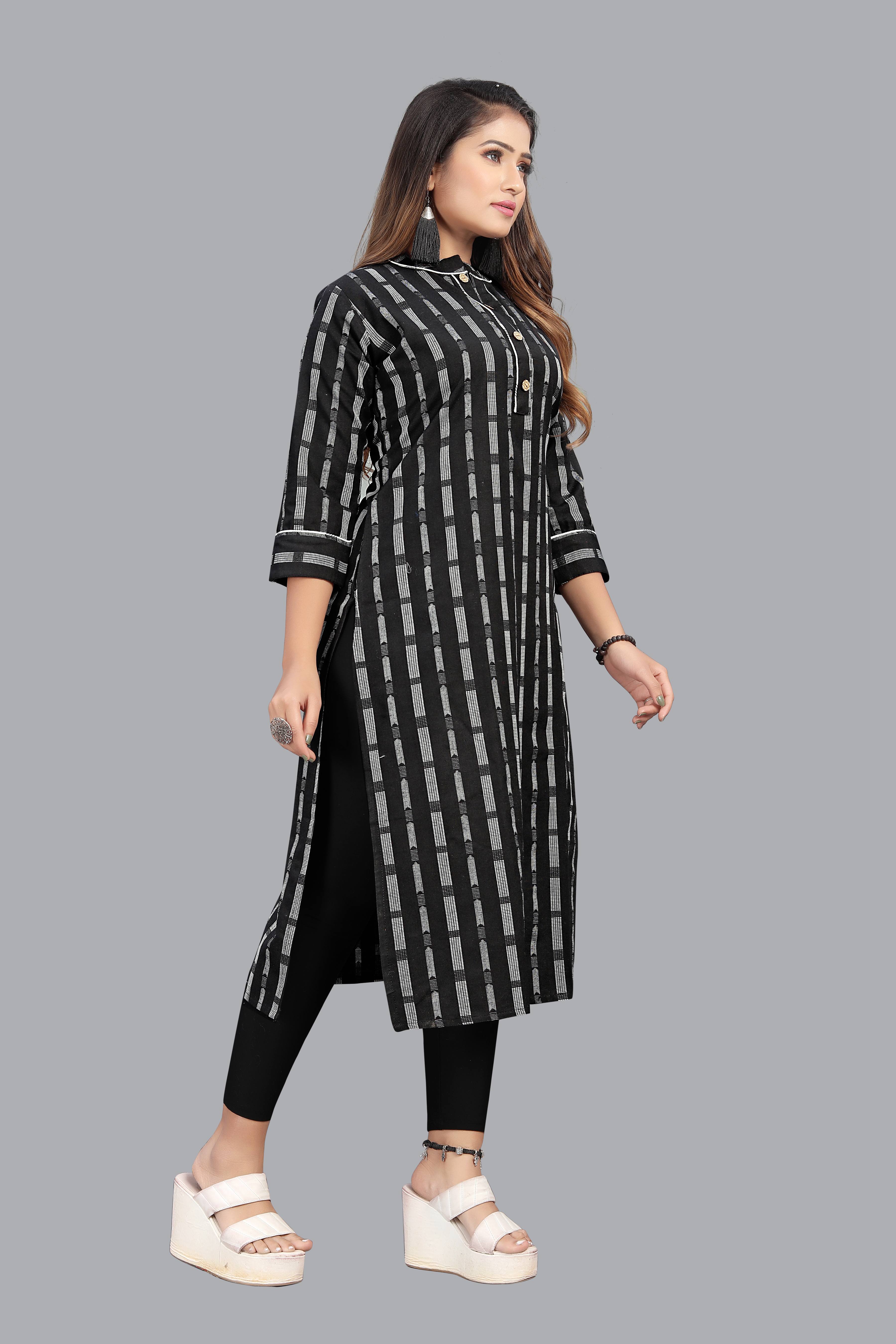 Cotton Kurties - Cotton, 45 Inches Length, Black | Breathable Fabric, Stylish Design, Comfortable Fit, Versatile Style, Durable Material, Easy To Maintain, Regular Fit, Mandarin Neck, Three-quarter Sleeve, Size S-xl