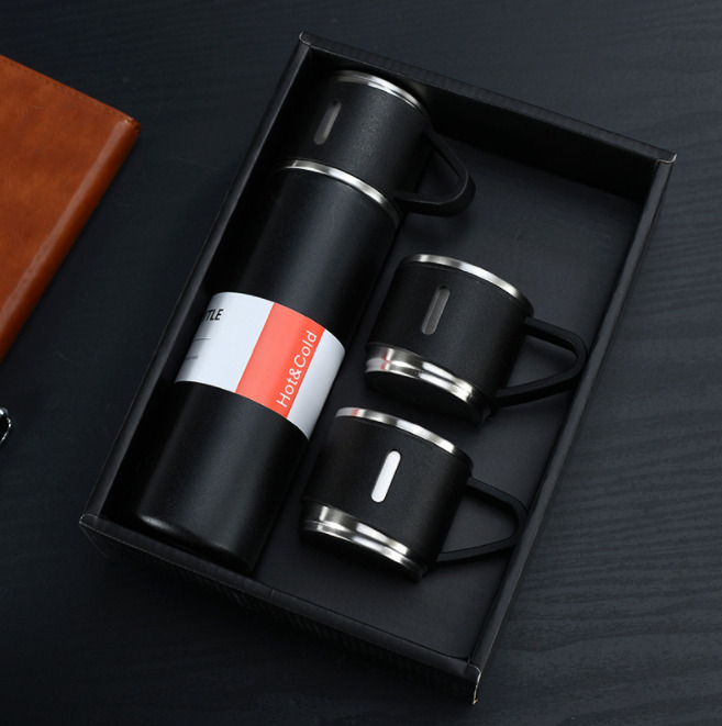 Triple Cup Flask Set - Stainless Steel 304 Grade, 500 Ml Capacity, Black | Copper Insulated Double Walled, Smartly Integrated Cups, Gift Ready Packaging