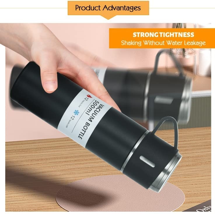 Triple Cup Flask Set - Stainless Steel 304 Grade, 500 Ml Capacity, Black | Copper Insulated Double Walled, Smartly Integrated Cups, Gift Ready Packaging