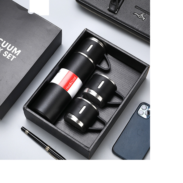 Triple Cup Flask Set - Stainless Steel 304 Grade, 500 Ml Capacity, Black | Copper Insulated Double Walled, Smartly Integrated Cups, Gift Ready Packaging