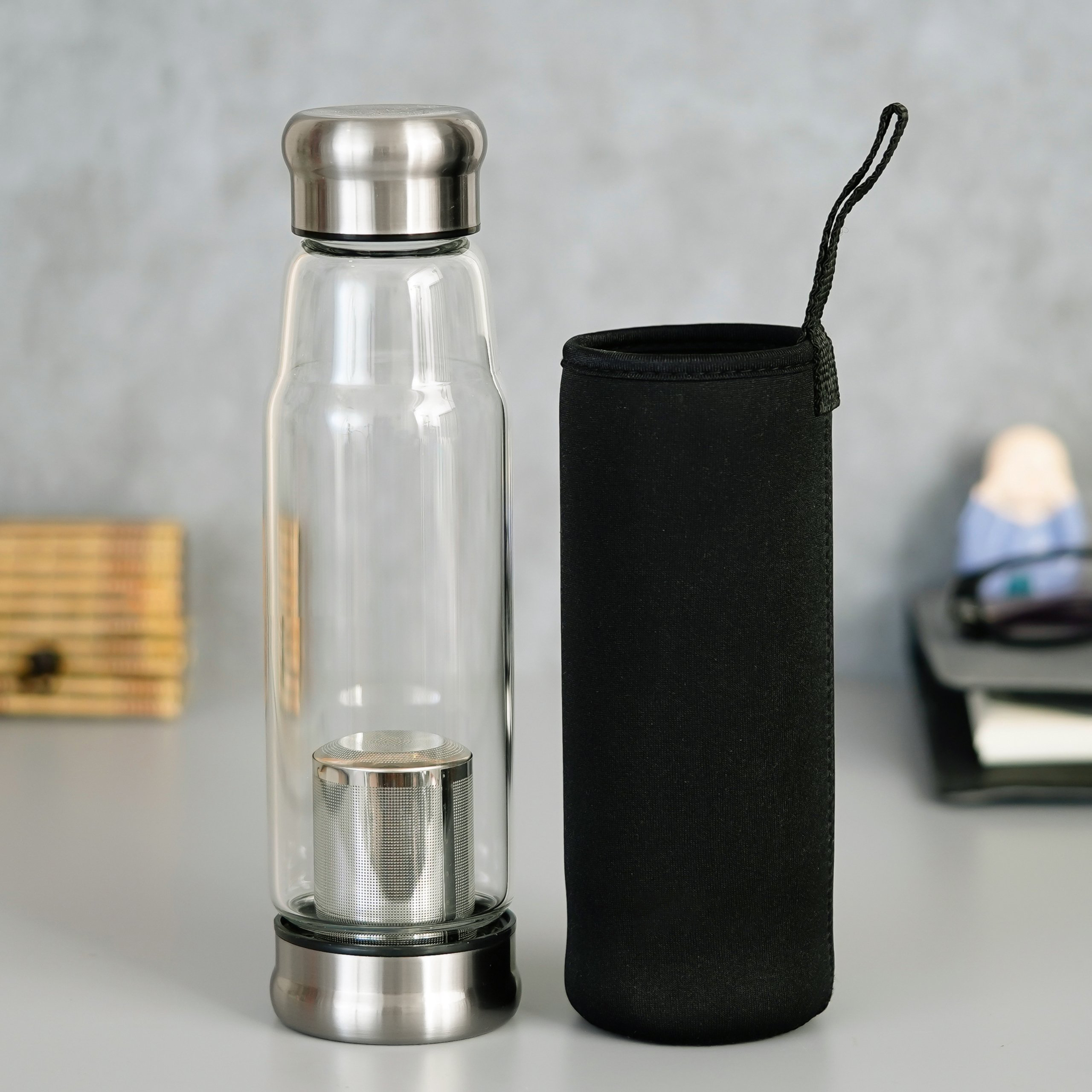 Borosilicate Glass Infuser Bottle - 400ml Bottle + 200ml Cup | High-quality Stainless Steel Mesh Strainer, Double-walled Insulation, Transparent