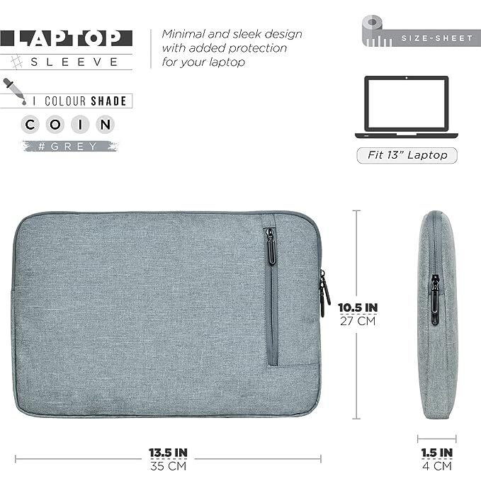 13 Inch Laptop Sleeve Case Cover - Pvc Material, 13.5 X 10.5 X 1.5 Inch, Light Grey Color | Durable, Water Resistant, Front Zipper Pocket, Light & Easy To Carry