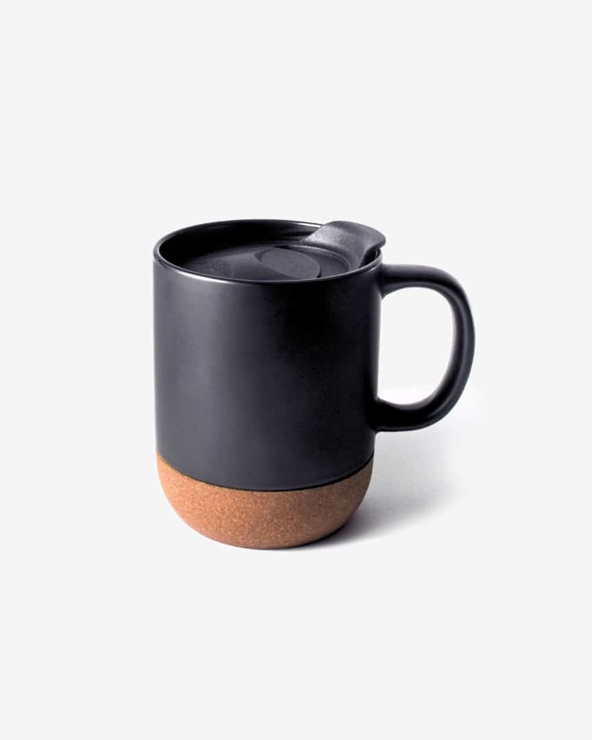 Cork Base Flask - Ceramic Mug 400ml | Spill-proof Slider Lid, Cork Base For Style & Durability, Smooth Finish In White & Black