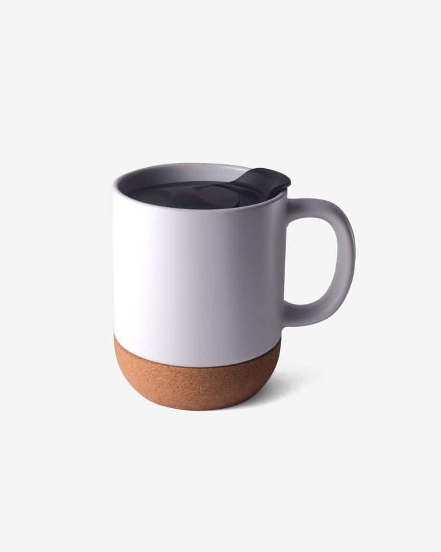 Cork Base Flask - Ceramic Mug 400ml | Spill-proof Slider Lid, Cork Base For Style & Durability, Smooth Finish In White & Black