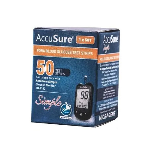 AccuSure Simple 50 Blood Glucose Test Strips - Plastic Material, 1x50 Pack Size, Black Color, New Condition | Fast 8 Second Qualitative Results