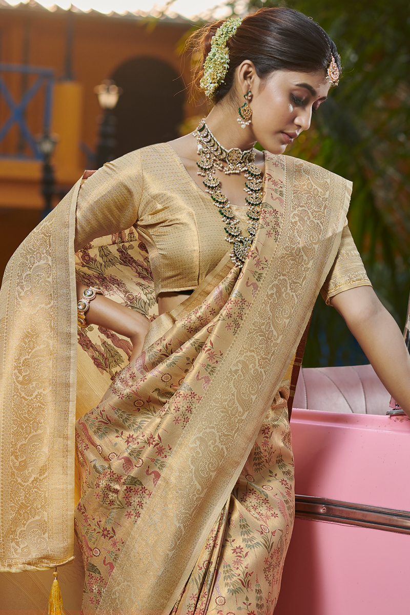 Threads Of Royalty Peach Banarasi Silk Saree - 300gm Weight, Jacquard Design, Traditional Style | Features: Butta, Floral, Zari Weaving