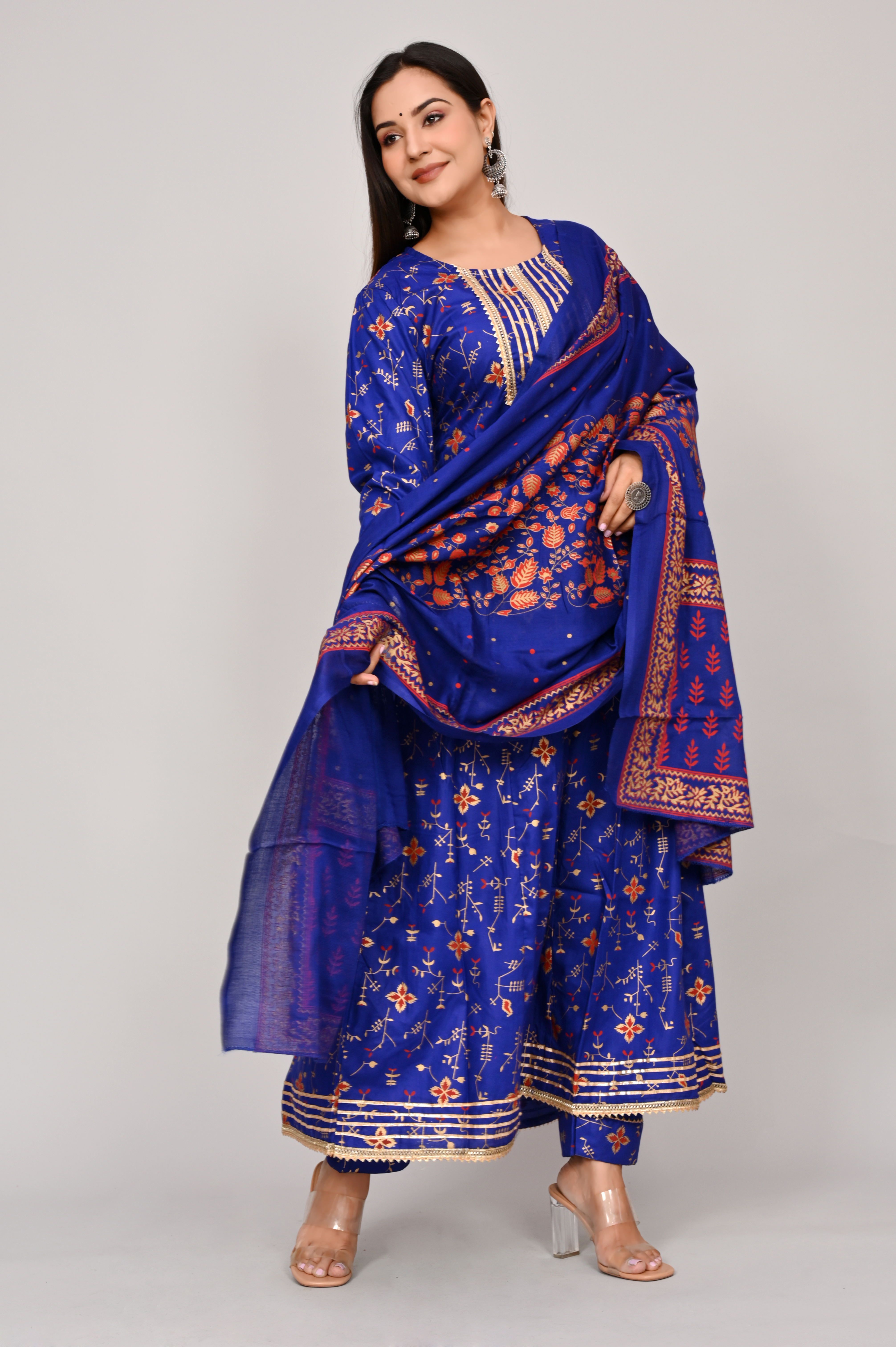 Ladies Ethnic Suits - Rayon Fabric, Blue Color, 3/4 Sleeves, Round Neck, Printed With Embroidered Work | Elegant Design, Comfortable Fit, Trendy Style, Perfect For Party Wear