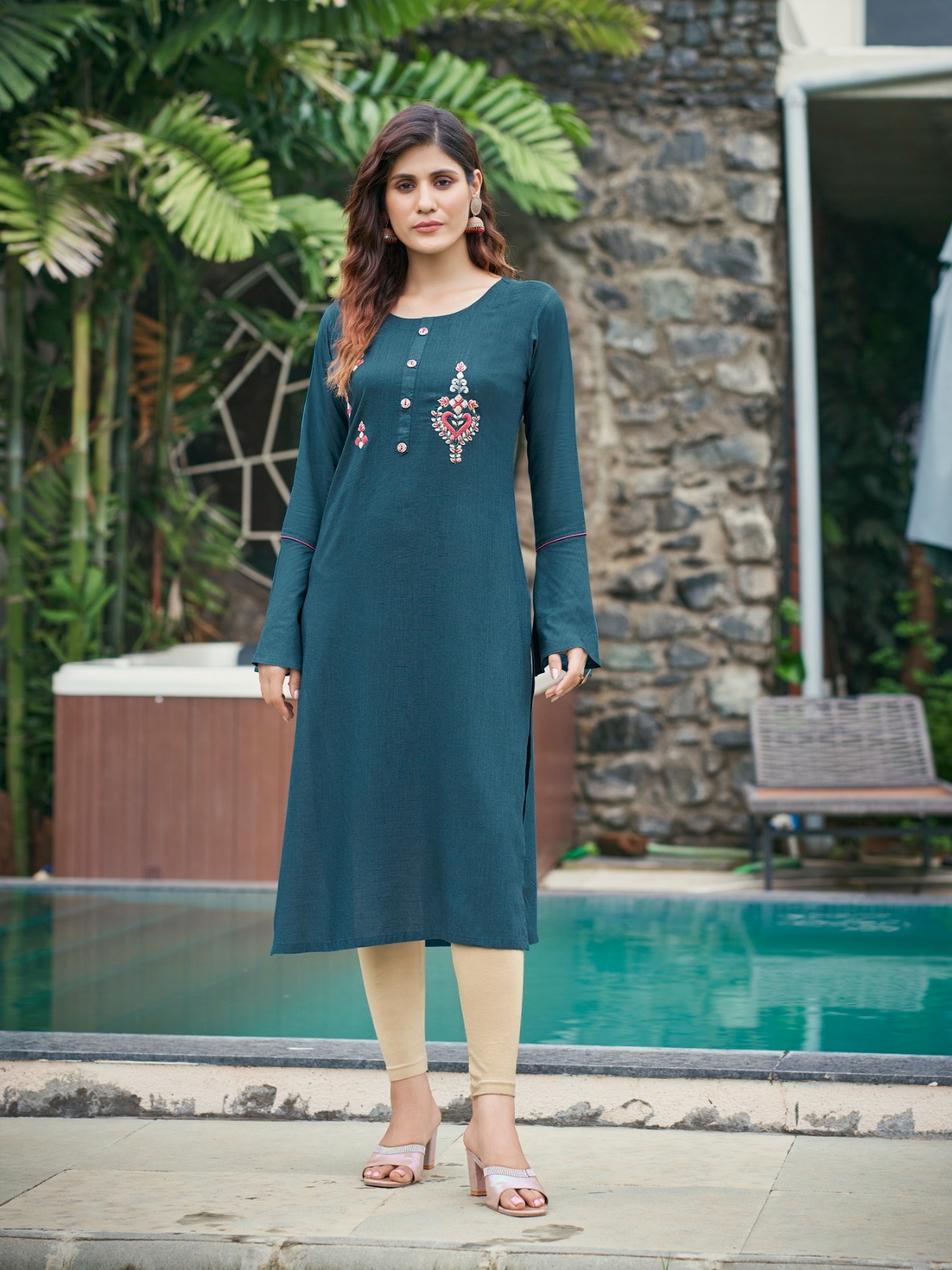 Rayon Kurtis With Khatli Work - Pure Rayon Sulb 14 Kg, Size S (36) To 3xl (46), 3-4th Sleeve, Classic Style | Breathable, Quick Dry, No Fade, Washable