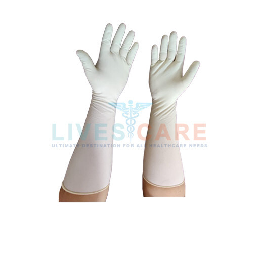 Long Cuff Latex Gynecological Gloves - Natural Rubber Latex, Approx. 400 Mm & 450 Mm, White , Anatomically Shaped, Beaded Cuff, Powder-free, Bisque Finish