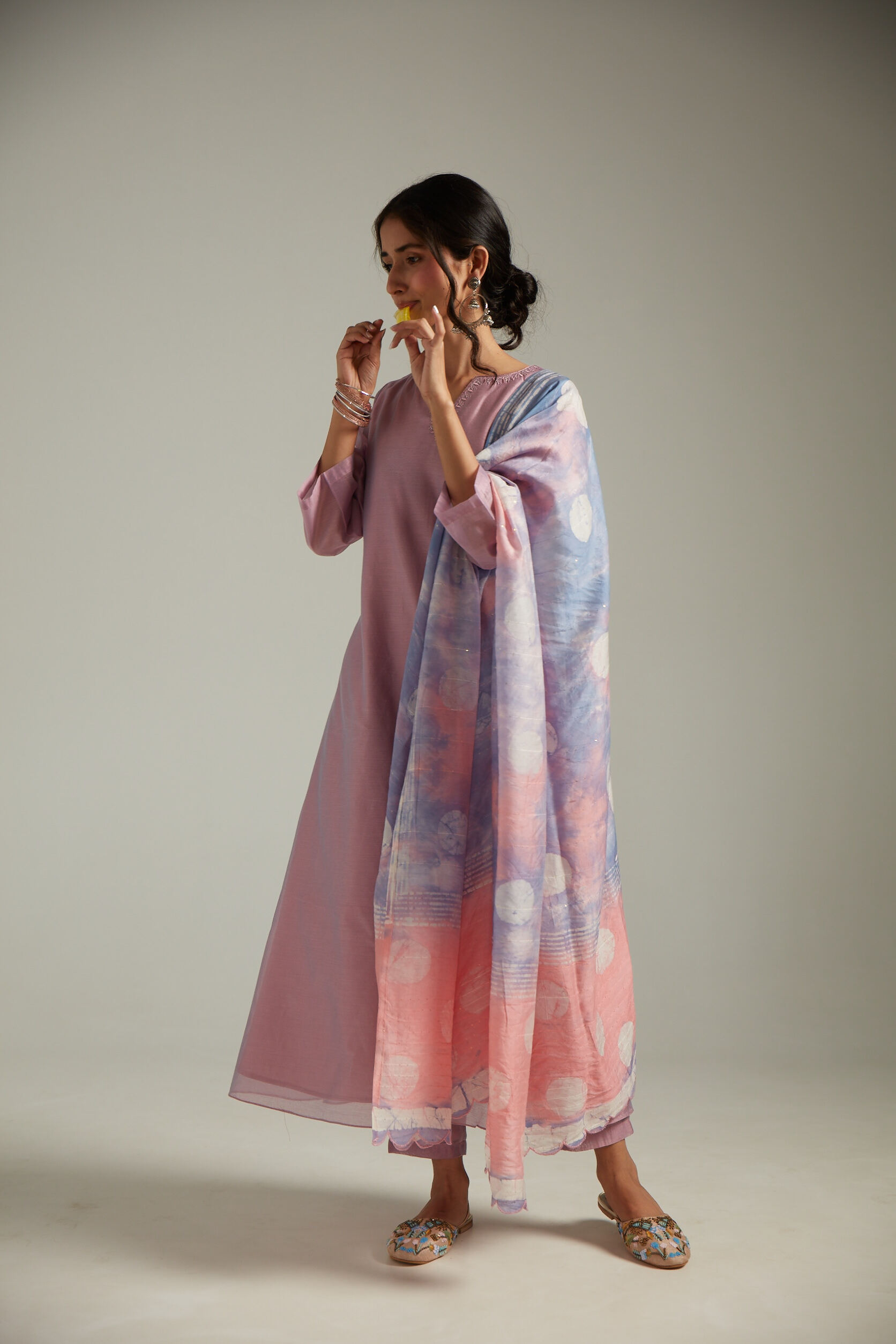 Indian Taffy Pink Glass Chanderi Embroidered Straight Kurta Pant Set With Tie And Dye Dupatta