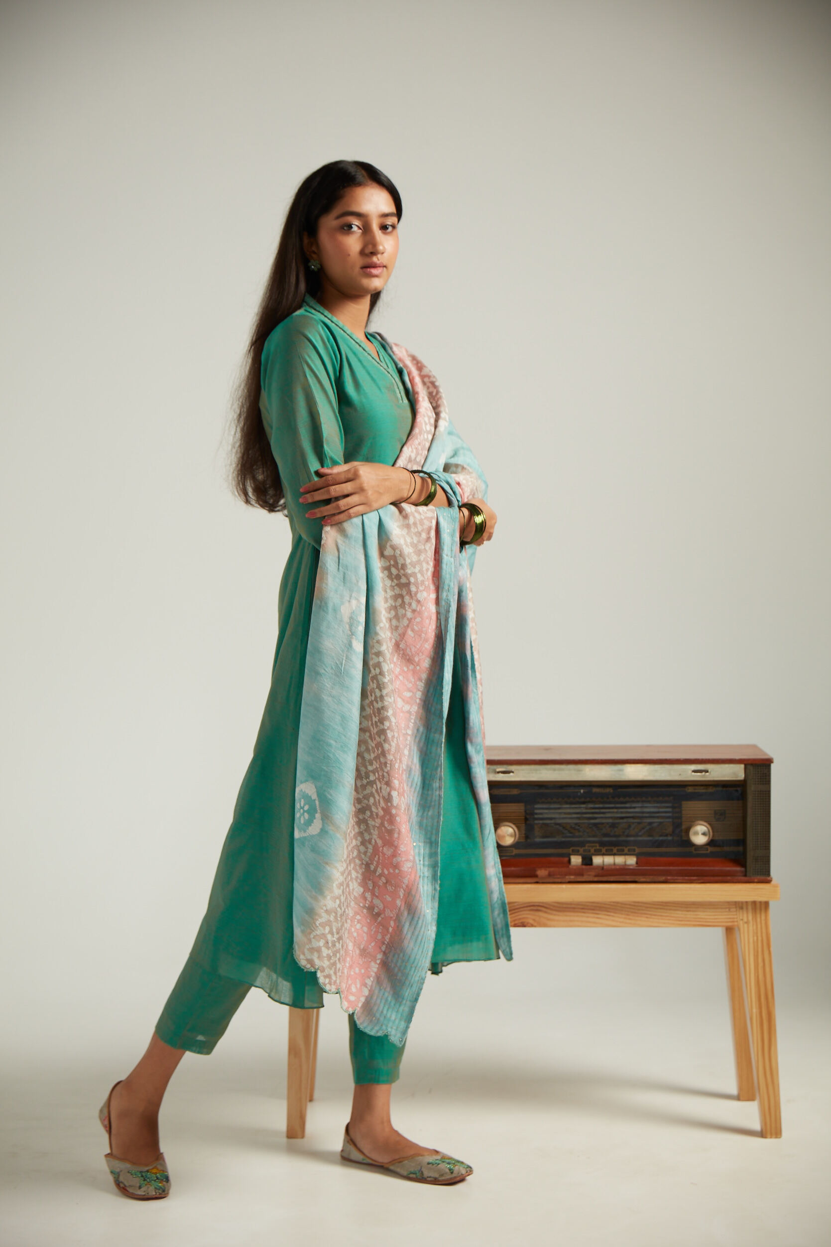Indian Taffy Pink Glass Chanderi Embroidered Straight Kurta Pant Set With Tie And Dye Dupatta