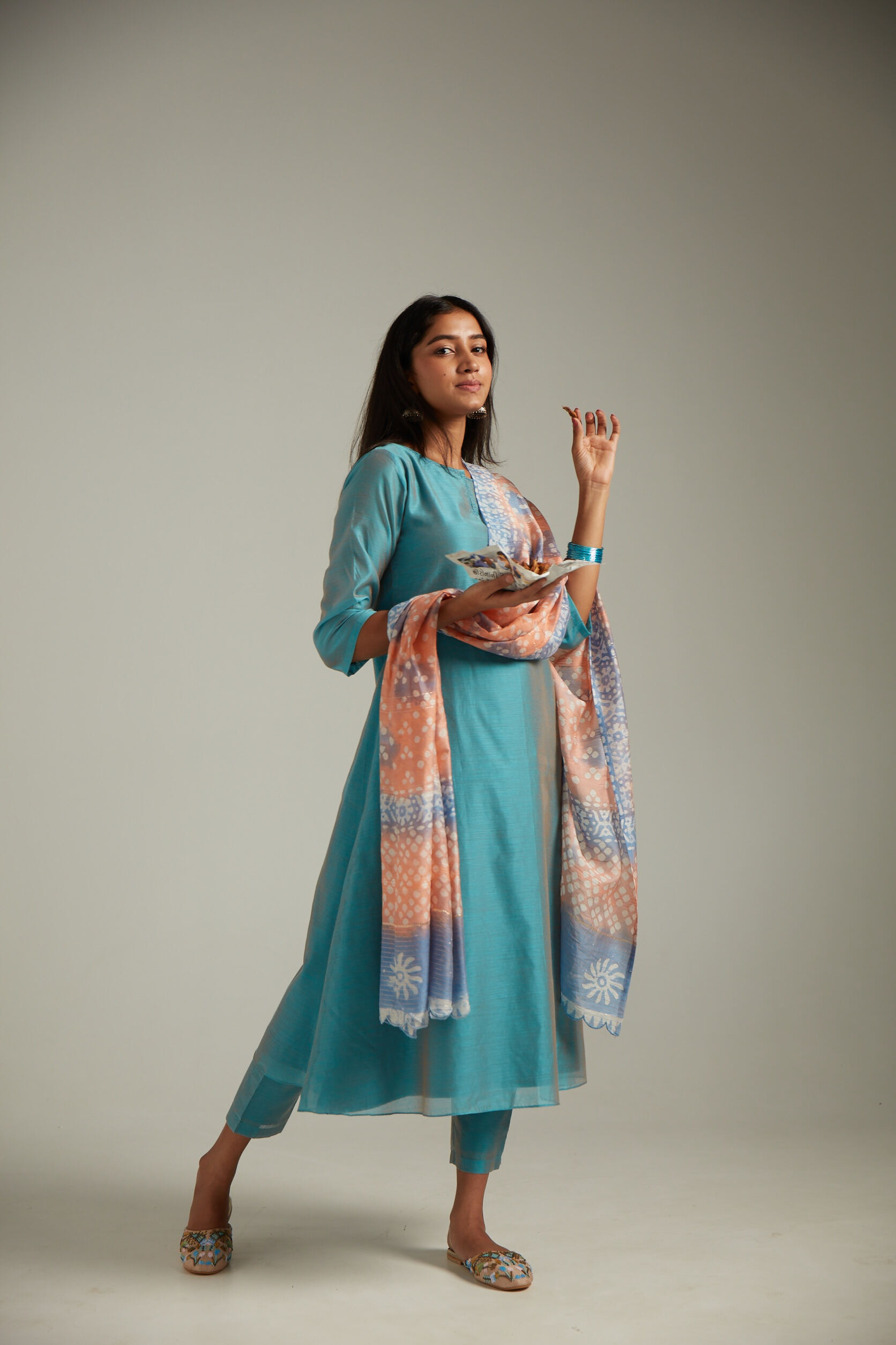 Indian Taffy Pink Glass Chanderi Embroidered Straight Kurta Pant Set With Tie And Dye Dupatta