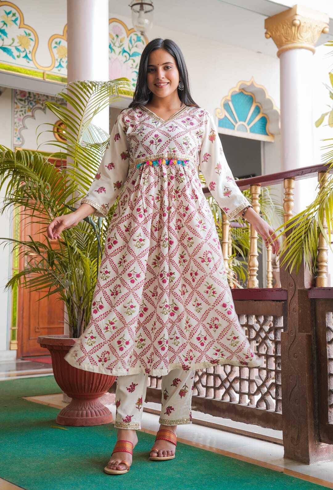 Ladies Kurti - Cotton Blend, Free Size, Multicolor | Knee-length, V-neck, Full Sleeves, Printed Pattern With Tassels Decoration, Opaque, Handwash