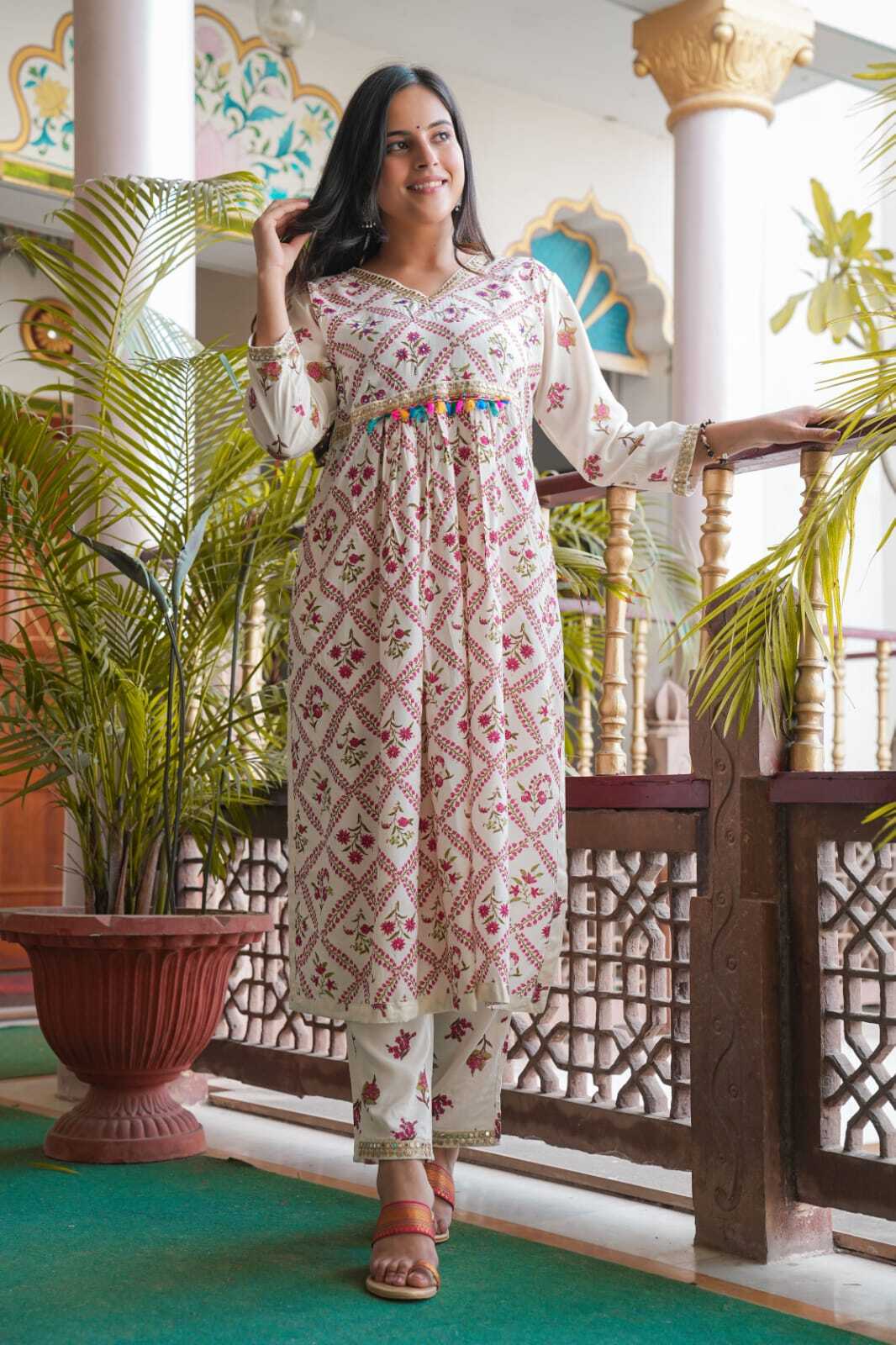 Ladies Kurti - Cotton Blend, Free Size, Multicolor | Knee-length, V-neck, Full Sleeves, Printed Pattern With Tassels Decoration, Opaque, Handwash
