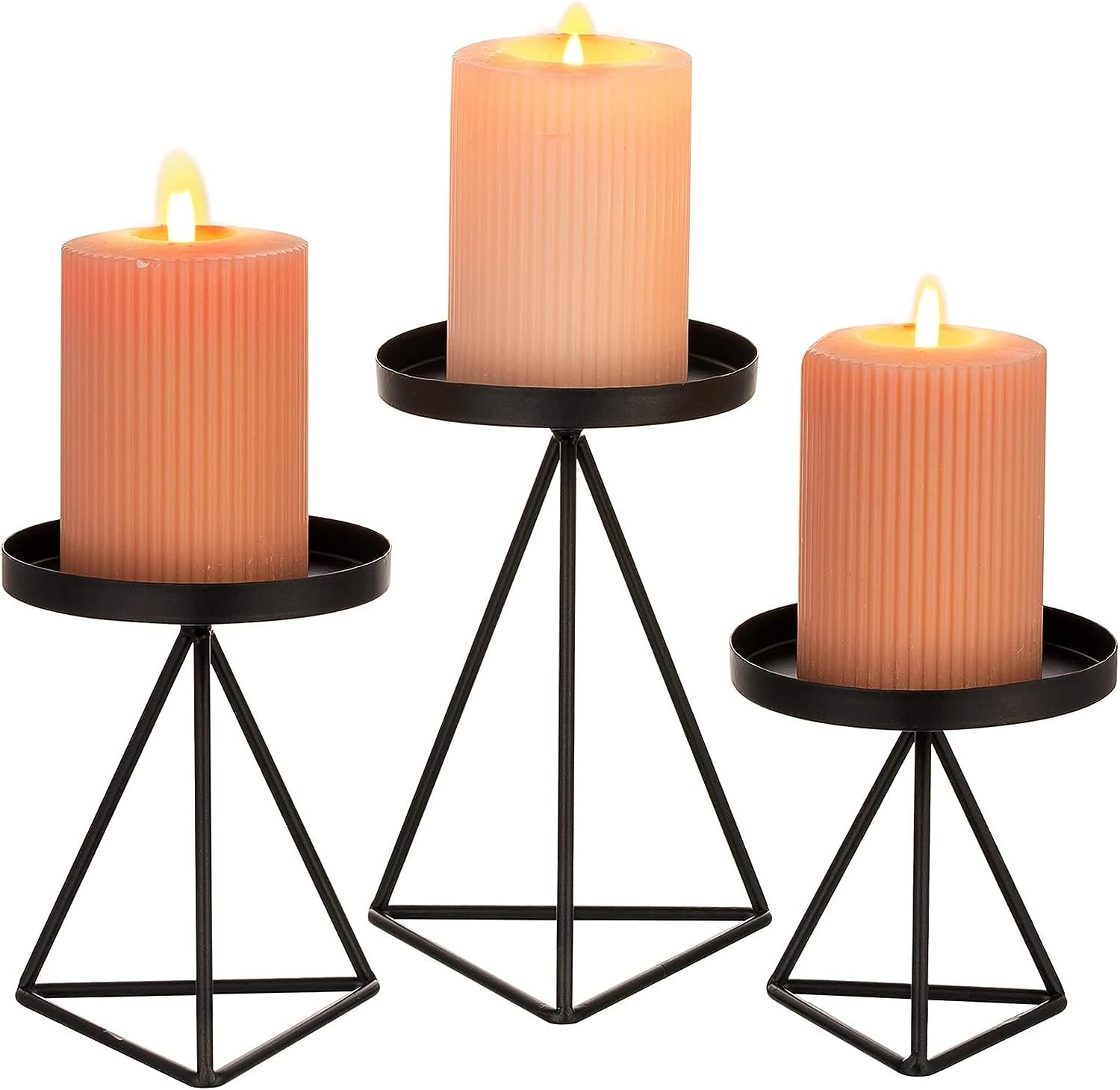 Candle Holder Wire - Set Of 3 Decorative Iron Pillar Holders, Small: 11cm, Medium: 14cm, Large: 17.5cm, Vintage Black For Weddings, Home & Parties