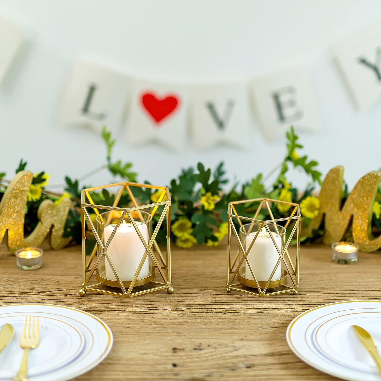 Candle Holder Wire 2 - Metal & Glass, Sizes: Small 5.1'' X 5.1'', Large 6.3'' X 5.9'' | Handmade, Polished Finish, Modern Geometric Design For Weddings & Home Dã©cor