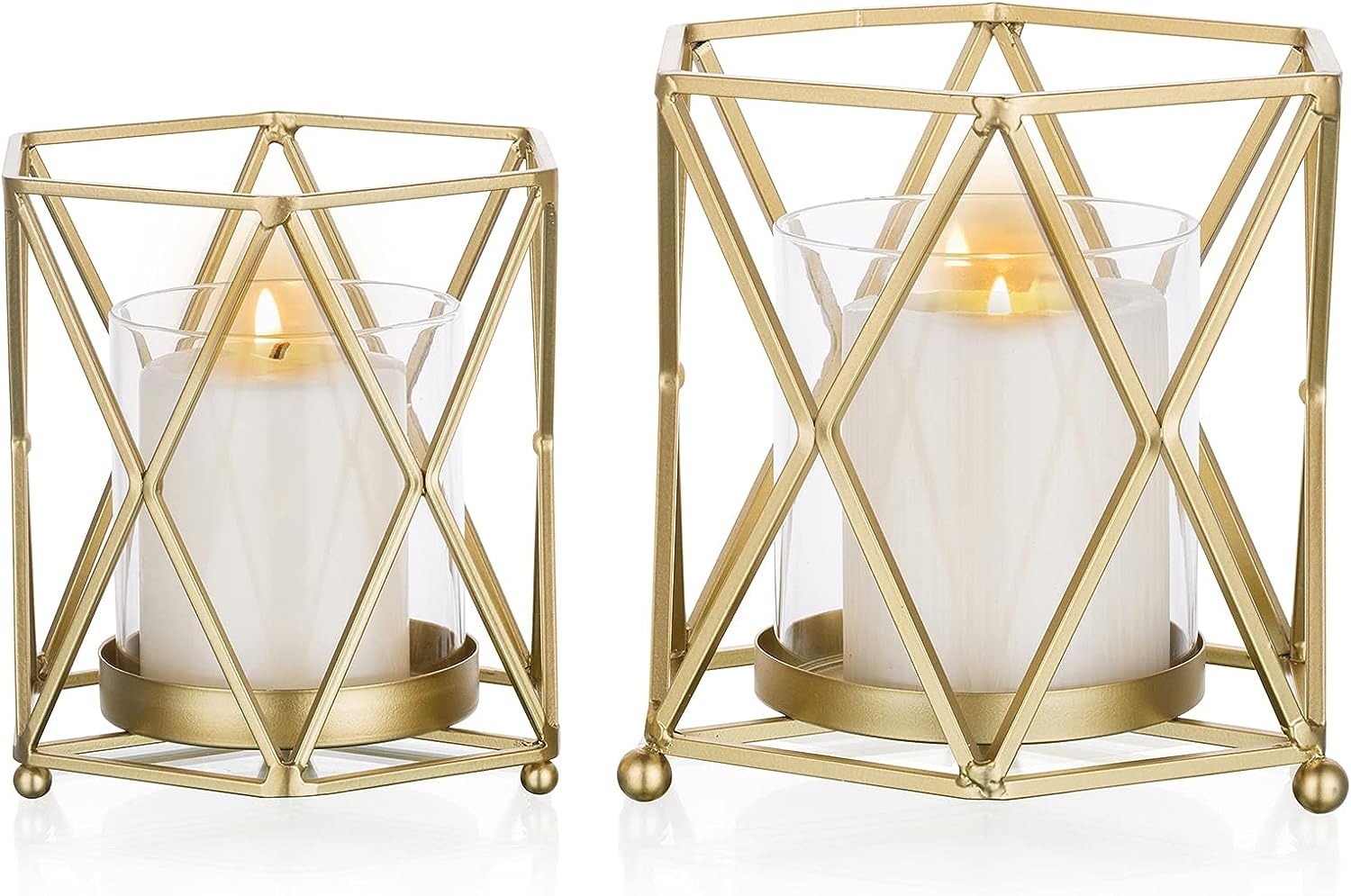 Candle Holder Wire 2 - Metal & Glass, Sizes: Small 5.1'' X 5.1'', Large 6.3'' X 5.9'' | Handmade, Polished Finish, Modern Geometric Design For Weddings & Home Dã©cor
