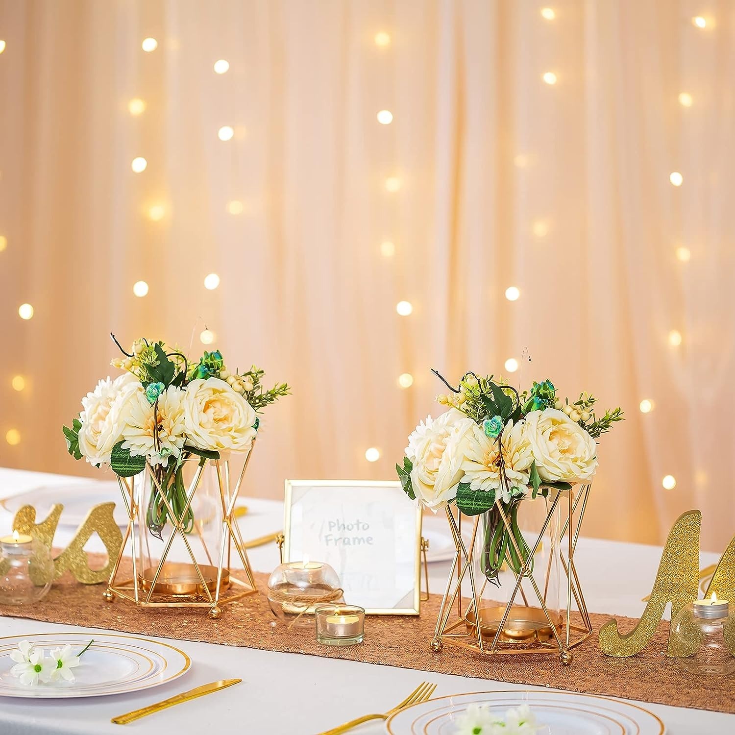 Metal Vase - Metal And Glass Hexagon Geometric Candle Holder Set, 16x16x17 Cm, Gold Finish, Manual Design For Wedding Table Centre Pieces And Decoration