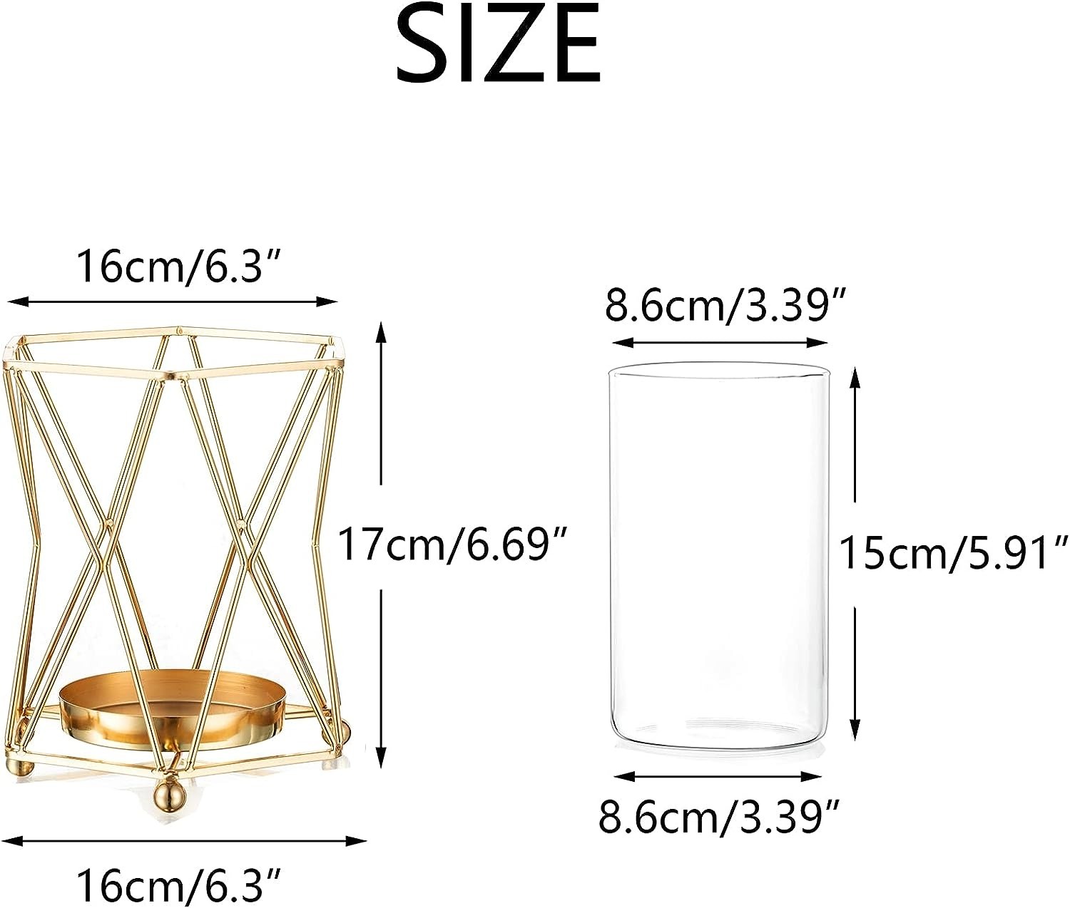Metal Vase - Metal And Glass Hexagon Geometric Candle Holder Set, 16x16x17 Cm, Gold Finish, Manual Design For Wedding Table Centre Pieces And Decoration