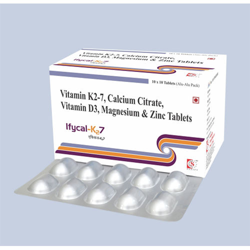 Ifycal-k27 टैबलेट सामग्री: कैल्शियम साइट्रेट 1000mg + जिंक ऑक्साइड 15mg + मैग्नीशियम ऑक्साइड 50mg + विटामिन K2-7 50mcg + विटामिन D3 200iu