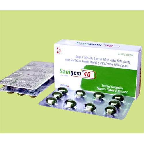 Sanigem-4g सॉफ़्टजेल कैप्सूल सामग्री: ओमेगा 3 फैटी एसिड 150mg (Epa 90 + Dha 60) (18-12) + कैल्शियम एस्कॉर्बेट 45mg + फेरस फ्यूमरेट 30mg + मैग्नीशियम ऑक्साइड Eq। एलिमेंटल मैग्नीशियम 30mg + के लिए ग्रीन टी Ex 10mg + जेनसेंग 42.5mg + जिन्कगो बिलोबा Ex 10mg + ग्रेप सीड एक्स 15mg + साइट्रस बायोफ्लेविनोइड्स (8mg बायोफ्लेविनोइड्स) 20mg + नेट मिक्स्ड कैरोटेनॉइड्स (10%) 5.665mg + पॉट। क्लोराइड ईक से एलिमेंटल क्लोरीन 4mg + एलिमेंटल पोटेशियम 3.6mg + कोलाइडल सिलिकॉन डाइऑक्साइड Eq से एलिमेंटल सिलिकॉन 2mg + मैंगनीज सल्फेट Eq To एलिमेंटल मैंगनीज 1.5mg + विटामिन D3 200 Iu + व्हीट जर्म ऑयल 25mg + बेंटोथामाइन 1.5mg + 20% Oa + कॉपर सल्फेट पेंटाहाइड्रेट Eq से एलिमेंटल कॉपर 0.5mg + विटामिन B6 1mg + विटामिन B12 1mcg + फोलिक एसिड 0.15mg + बायोटिन 100mcg + कोलीन बिटार्ट्रेट 25mg + ल्यूटिन 250mcg + पिपेरिन 5mg + Dcp एनहाइड्रस Eq To Cal 20mg और फॉस्फोरस 15.45mg + नियासिनमाइड 20mg + जिंक ऑक्साइड Eq To एलिमेंटल जिंक 15mg + डिसोडियम बोरेट Eq से एलिमेंटल बोरॉन 150mcg + क्रोमियम पिकोलिनेट ईक एलिमेंटल क्रोमियम 65mcg + सोडियम मोलिब्डेट डाइहाइड्रेट Eq To एलिमेंटल मोलिब्डेनियम 25mcg + सोडियम सेलेनाइट पेंटाहाइड्रेट Eq To Eq To Elemental सेलेनियम 20mcg + मेनाडियोन सोड बायोसल्फेट (विटामिन K) + स्टैनस क्लोराइड डाइहाइड्रेट ईक से एलिमेंटल टिन 10mcg + सोड। मेटावेंडेट ईक से एलिमेंटल वैनेडियम 10mcg + निकेल सल्फेट Eq से एलिमेंटल निकेल 5mcg + लैक्टिक एसिड 500 लाख।