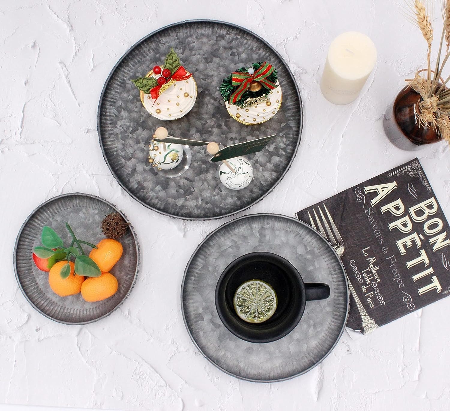 Tray 4 - Galvanized Iron Decorative Tray, 24.9l X 24.9w X 1.8h, Elegant Black Color, Features Stylish Scalloped Edges, Lightweight Design