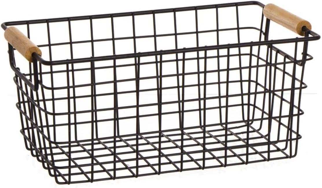 Basket 1 - Metal, 14x14x3 Cm | Black Iron Basket With Wooden Handles, Weighs 350 Grams, Stylish And Functional Storage Solution