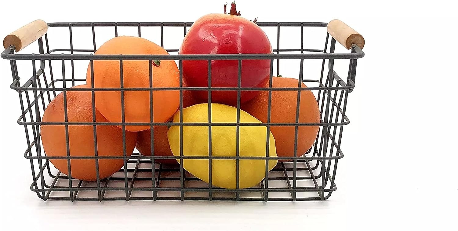Basket 1 - Metal, 14x14x3 Cm | Black Iron Basket With Wooden Handles, Weighs 350 Grams, Stylish And Functional Storage Solution