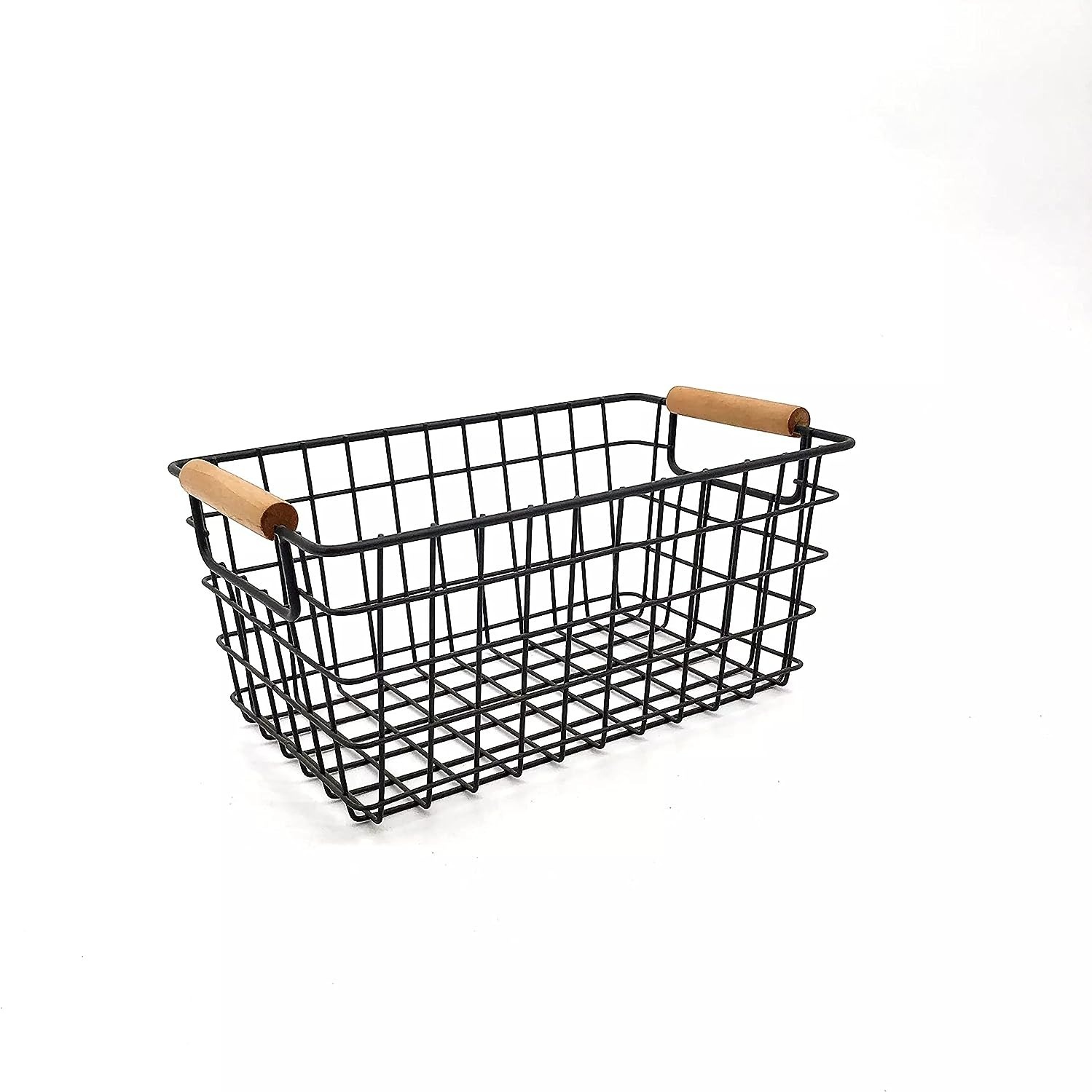 Basket 1 - Metal, 14x14x3 Cm | Black Iron Basket With Wooden Handles, Weighs 350 Grams, Stylish And Functional Storage Solution