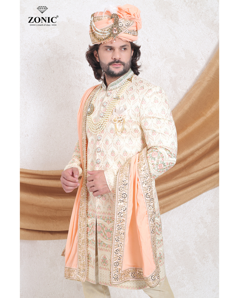 Sherwani Silk - Embroidered, Full Sleeves, Cream Color | Traditional Long Tunic for Men, Available in Multiple Sizes