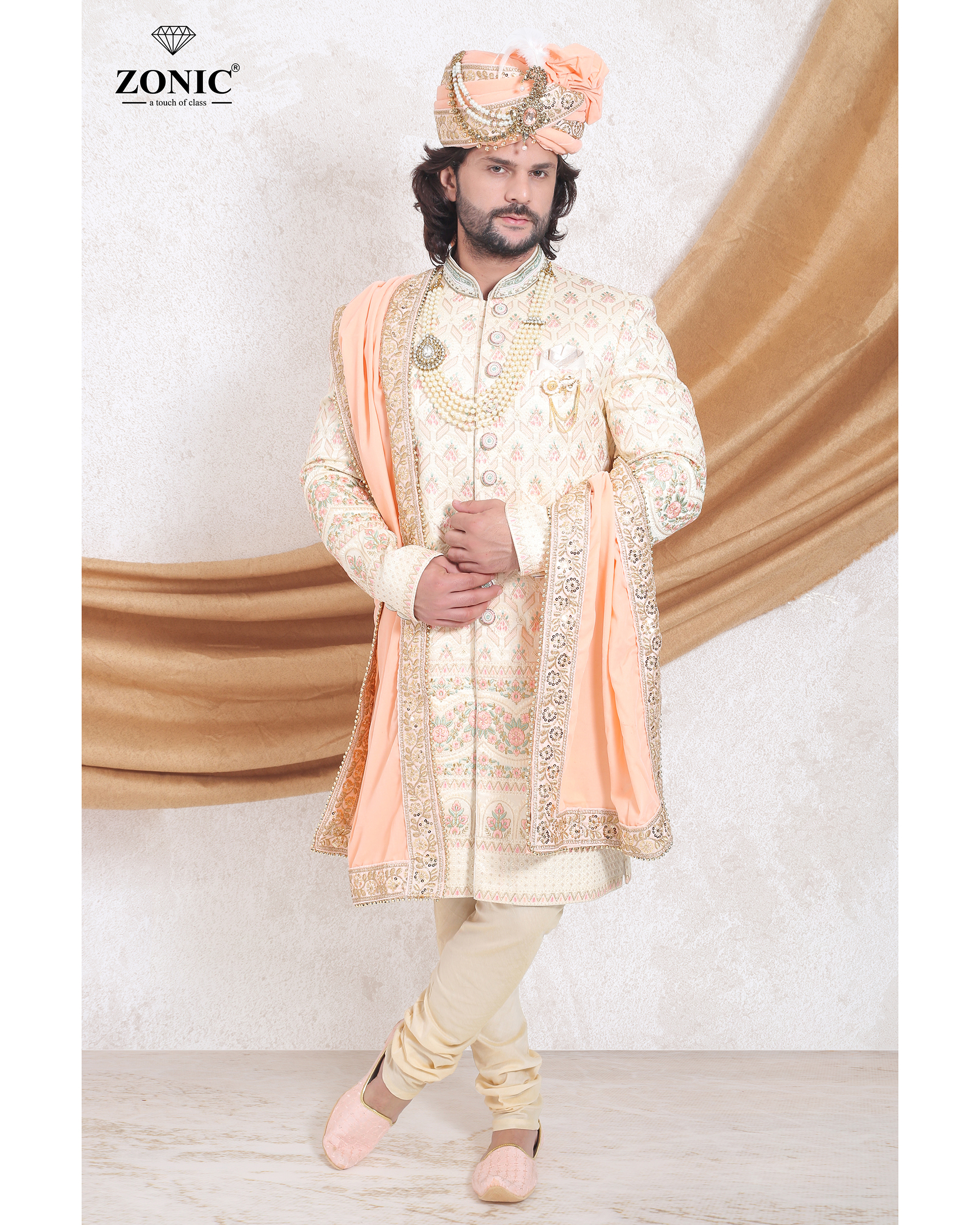 Sherwani Silk - Embroidered, Full Sleeves, Cream Color | Traditional Long Tunic For Men, Available In Multiple Sizes