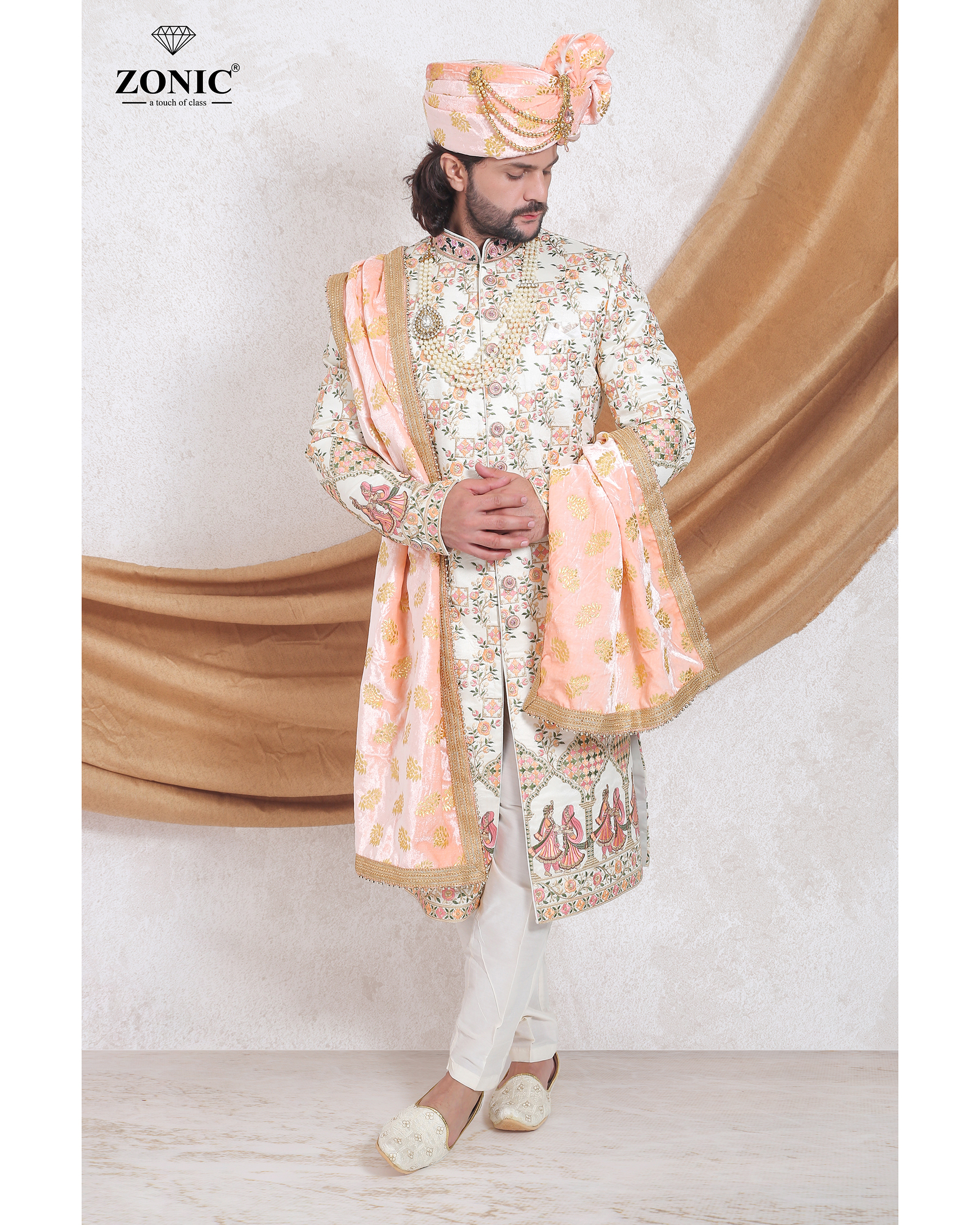 Sherwani - Silk Fabric, Sizes S To Xl, Cream White Color, Embroidered Pattern, Full Sleeves, Traditional Ethnic Style For Kids, Perfect For Winter Events