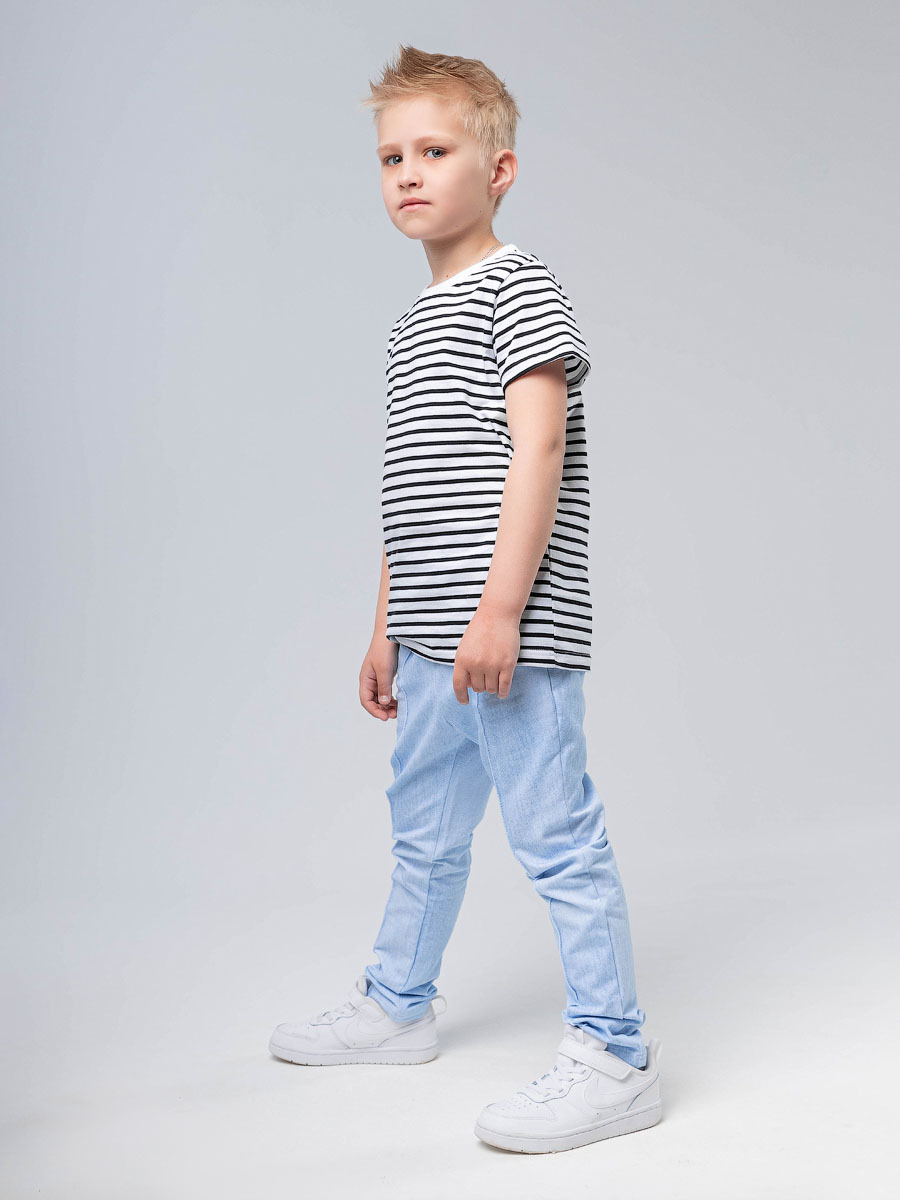 Pants 6-382u - 92% Cotton 8% Lycra, Size 6-14, Light Blue | Elastic Waist, Semi-loose Style, Cuffed Bottoms, Pockets, Vertical Creases