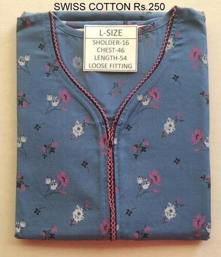 LADIES NIGHTY GOWN 12 SWISS - Polyester Material, Size L (Bust: 46 in, Length: 54 in) | Loose Fit, Short Sleeves, Self-Design, Pocket Detail