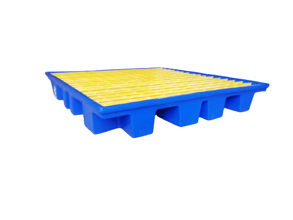 Spillage Pallet - Plastic, 1300x1300x200 Mm | Blue & Yellow, 2-way Entry, 175 L Capacity, 1500 Kg Static Load, Mesh Style