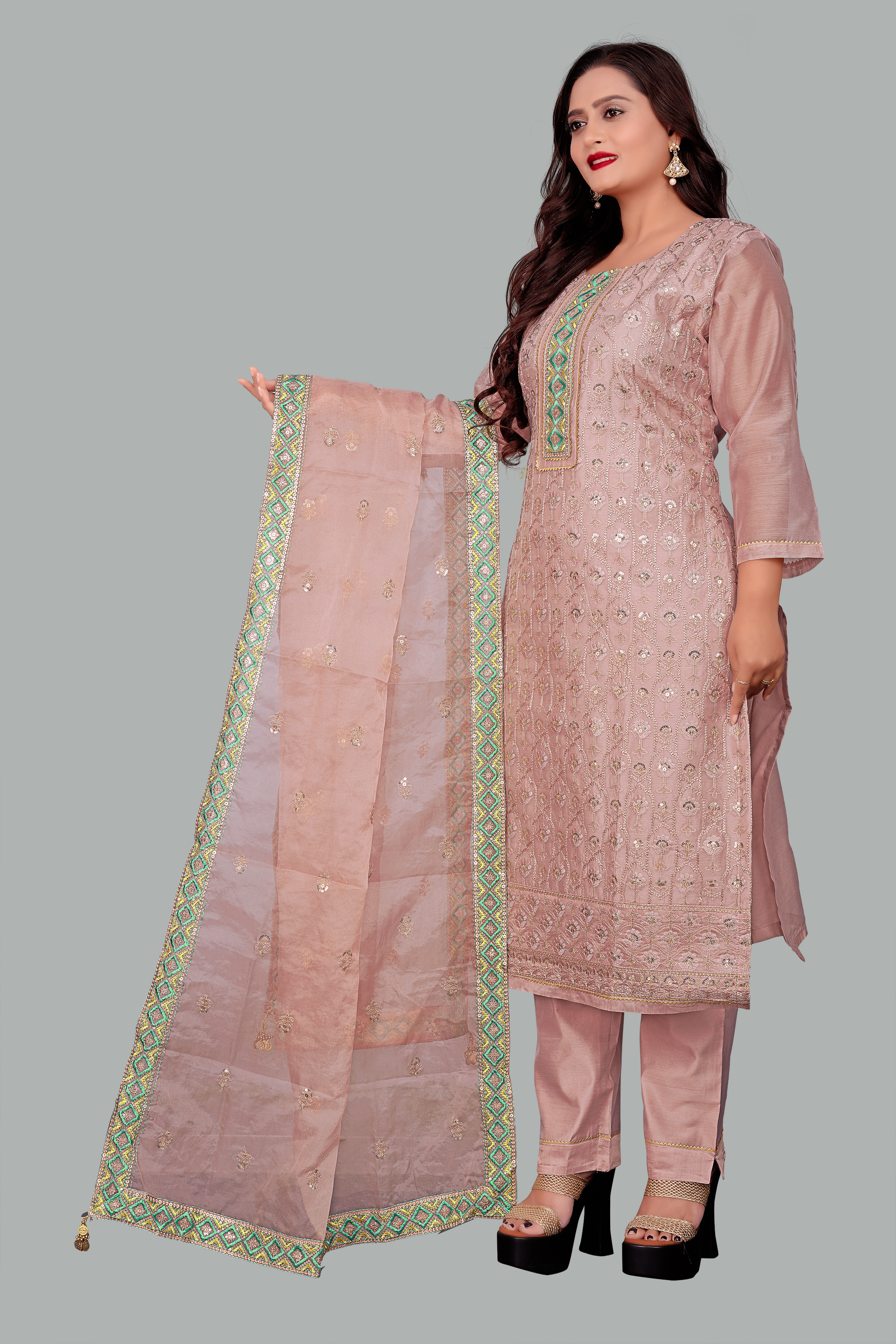 Lavender Designer Chanderi Stitched Suit