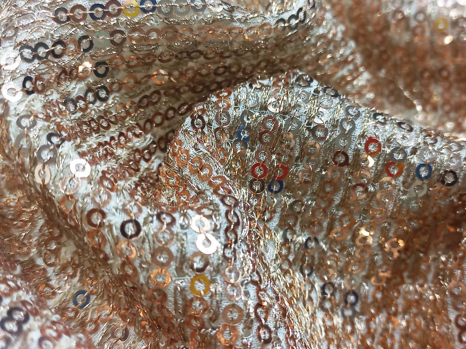 Sequins Allover Embroidered Fabric - Blend Fabric, Multicolor, Red, Green, Brown, Yellow, Silver | Machined Embroidery For Versatile Apparel Design