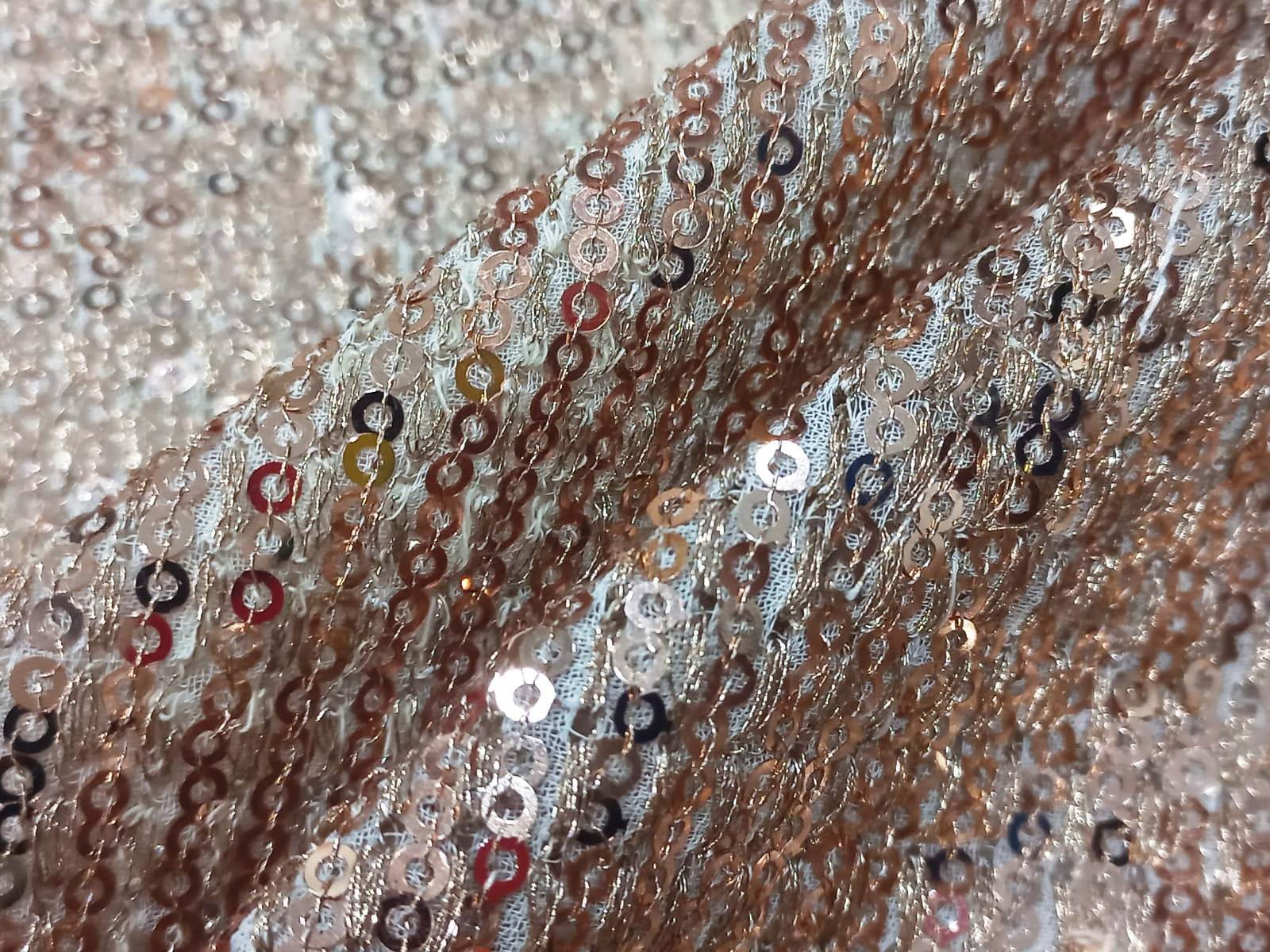 Sequins Allover Embroidered Fabric - Blend Fabric, Multicolor, Red, Green, Brown, Yellow, Silver | Machined Embroidery For Versatile Apparel Design