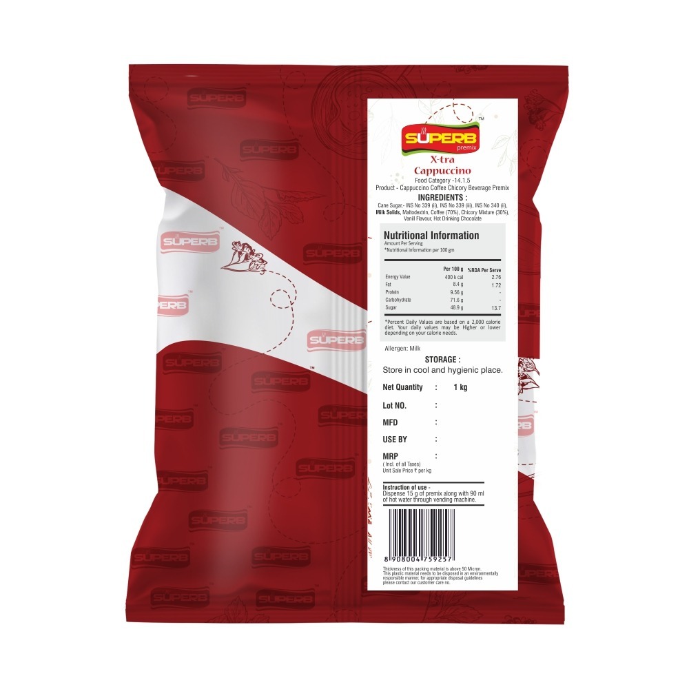 Cappuccino Premix - Solid Extract Powder, White Color, Instant Tea Powder, Medium Sugar Content, Fresh Taste, 1 Kilogram Shelf Life - 1 Year