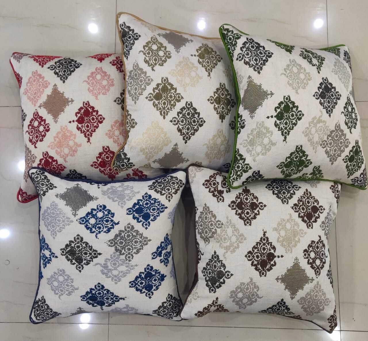 Cushion Cover - 5 Pc Set, 100% Cotton 18x18 Inches, White Color, Square Shape, Printed Pattern, Zipper Closure For Home & Chair Use